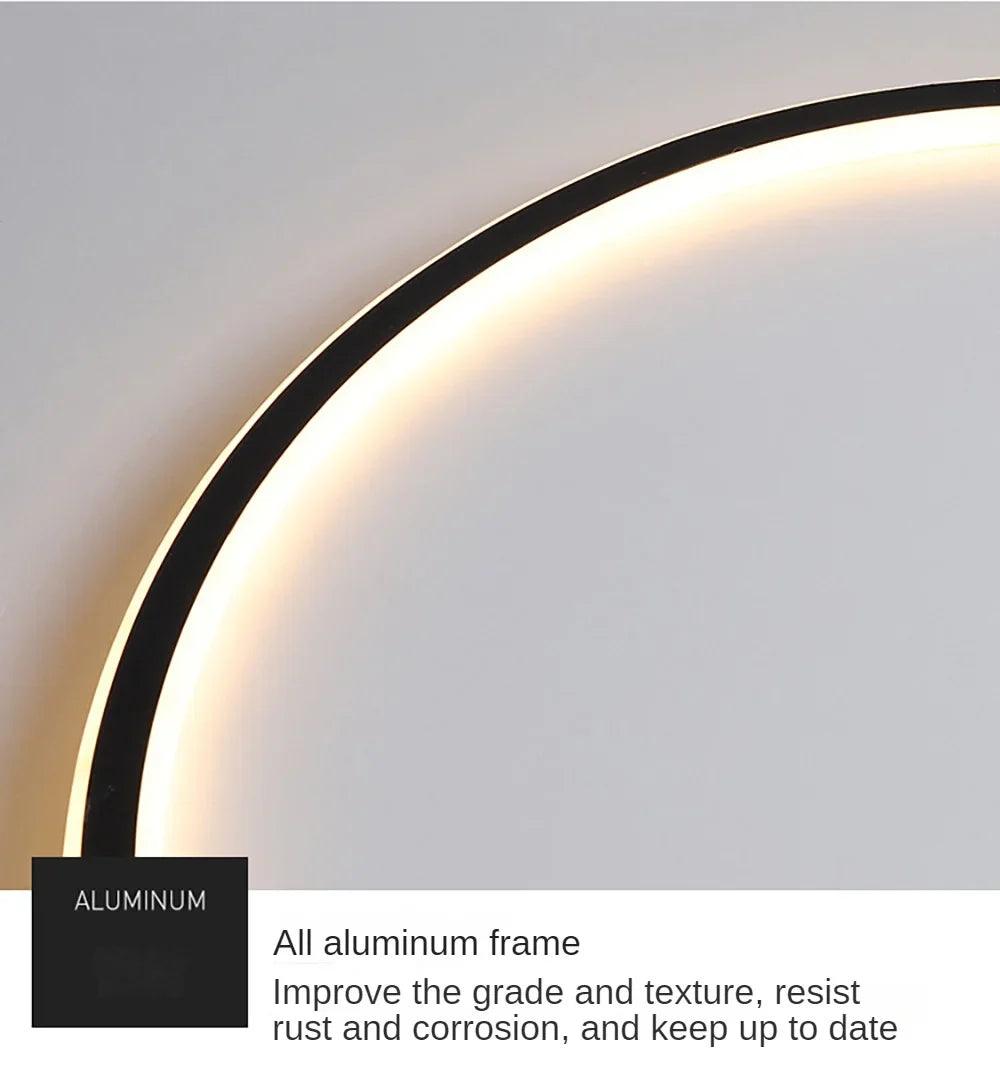 Black and white LED ring flush mount chandelier by Light My House, featuring a sleek, dimmable ceiling light design.