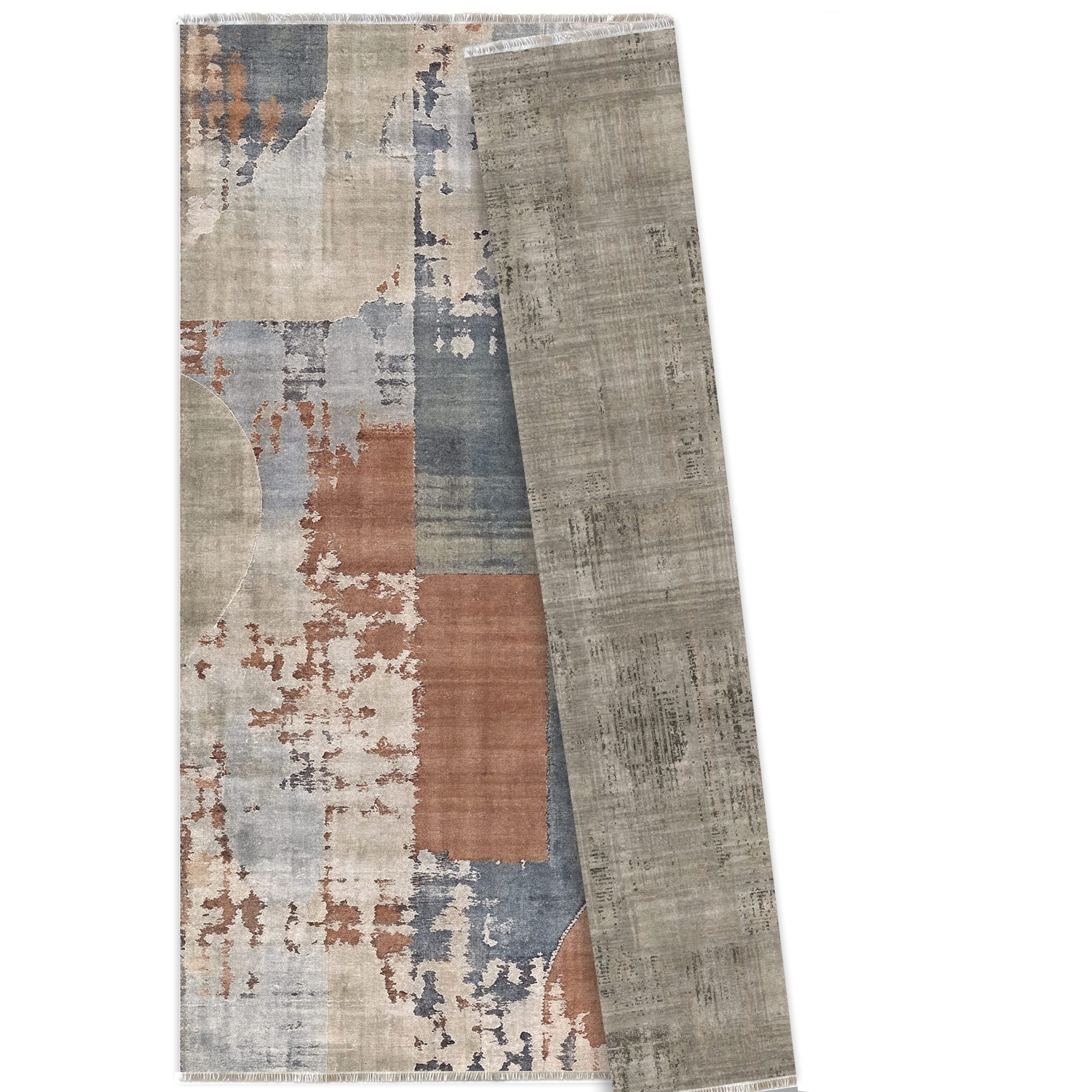 Netline Home Blue Navy Orange Terracotta Geometric Modern Machine Washable Chenille Rug Design T03 - Gallery Image 6 - Netline Home