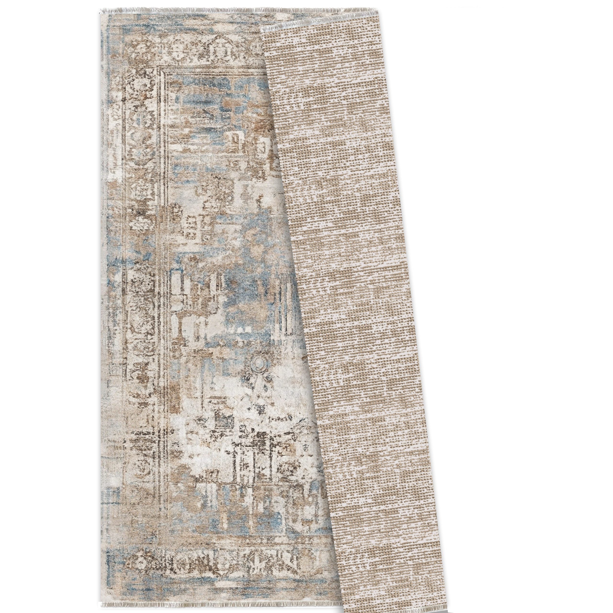 Netline Home Blue Navy Mink Brown Classic Vintage Machine Washable Chenille Rug Design T09 - Gallery Image 6 - Netline Home