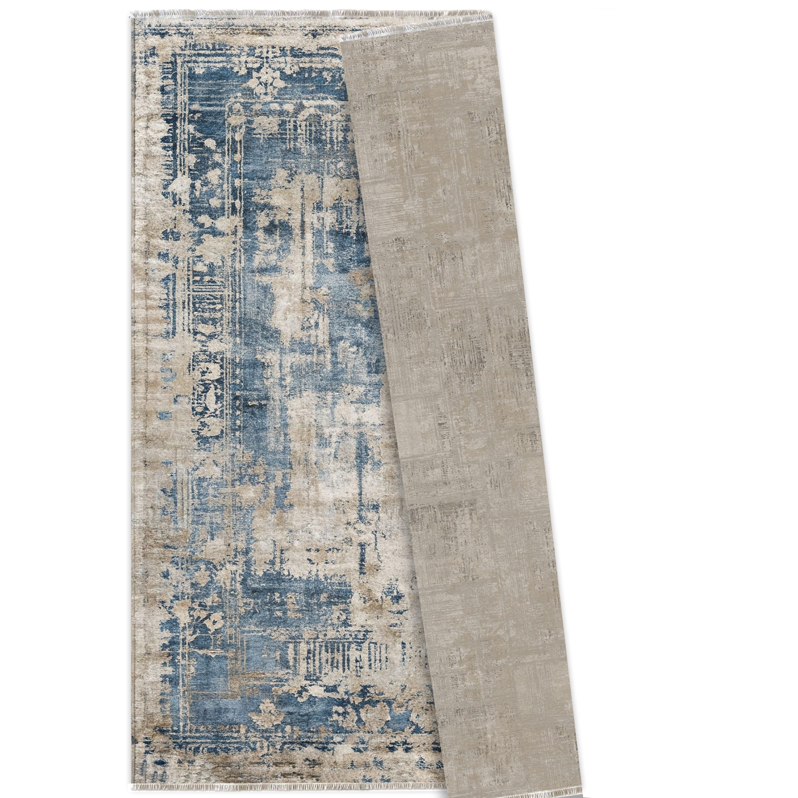 Netline Home Gray Silver Blue Navy Classic Vintage Machine Washable Chenille Rug Design NH7007 - Gallery Image 6 - Netline Home