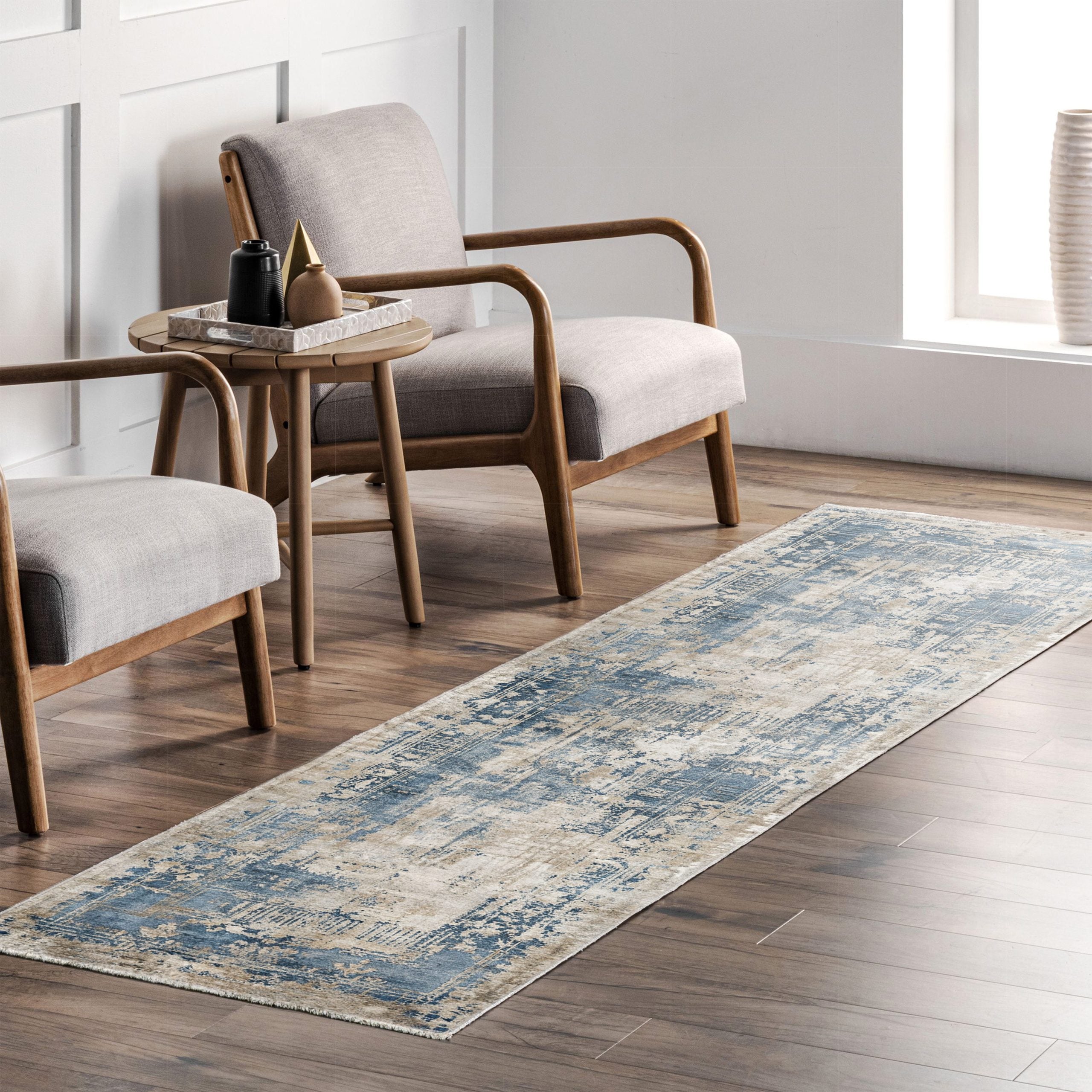 Netline Home Gray Silver Blue Navy Classic Vintage Machine Washable Chenille Rug Design T11 - Gallery Image 9 - Netline Home