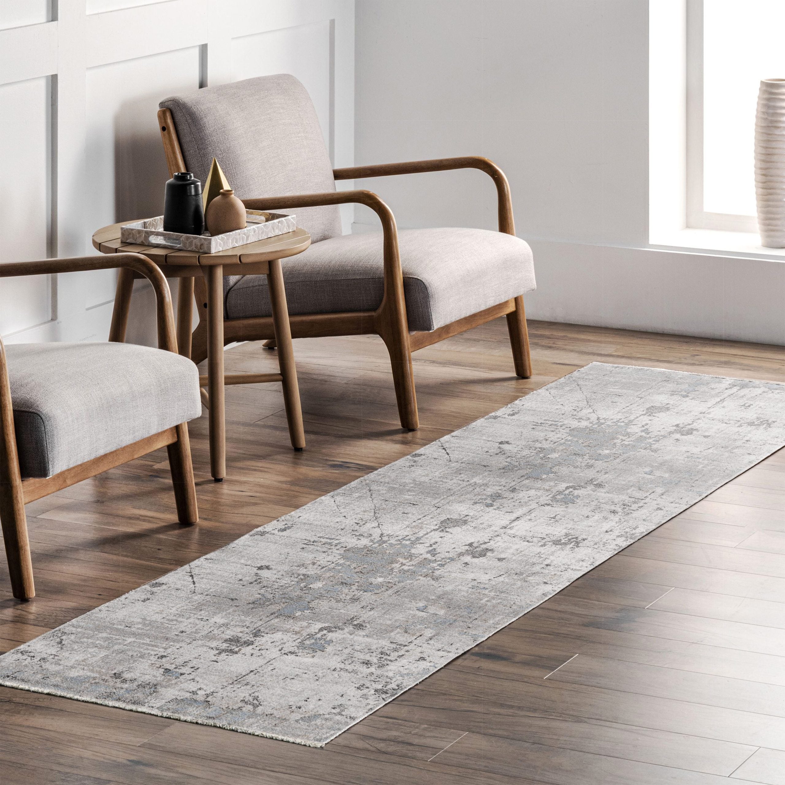 Netline Home Gray Silver Blue Navy Modern Vintage Machine Washable Chenille Rug Design T13 - Gallery Image 9 - Netline Home