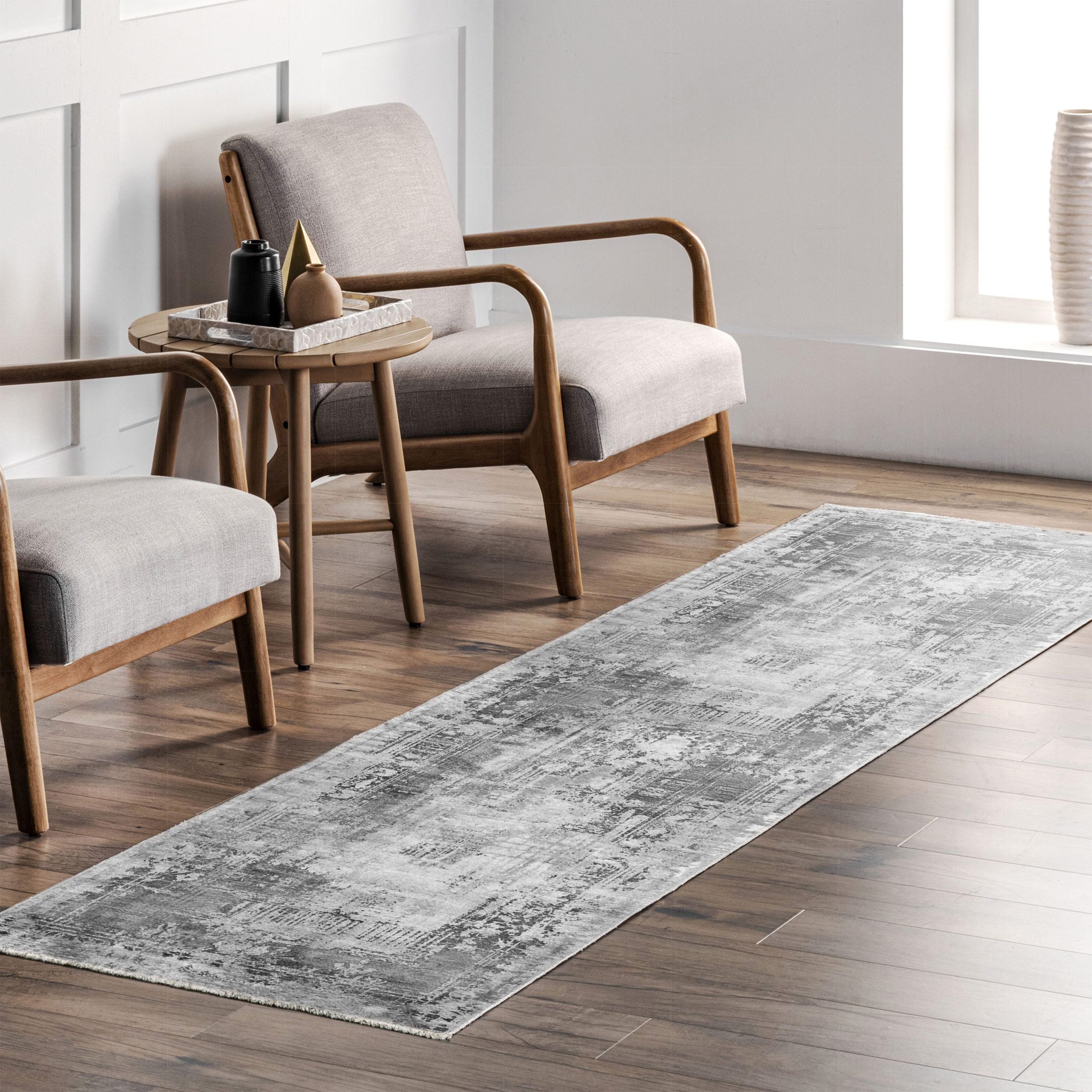 Netline Home Gray Silver Vintage Machine Washable Chenille Rug Design NH7012 - Gallery Image 9 - Netline Home