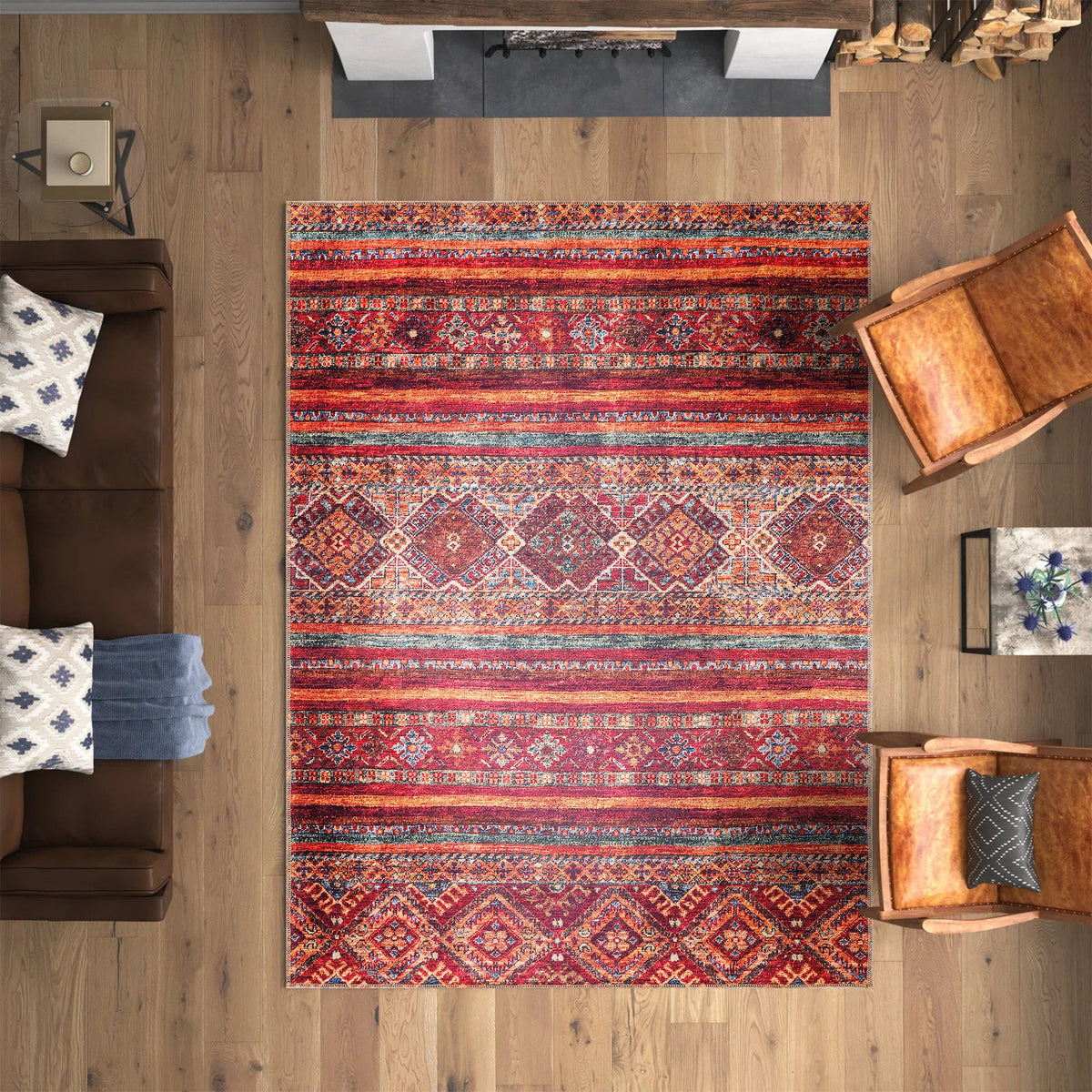 Multicolor tribal diamond washable rug by Netline Home, featuring striped kilim-inspired design for living room, bedroom, or dining area.