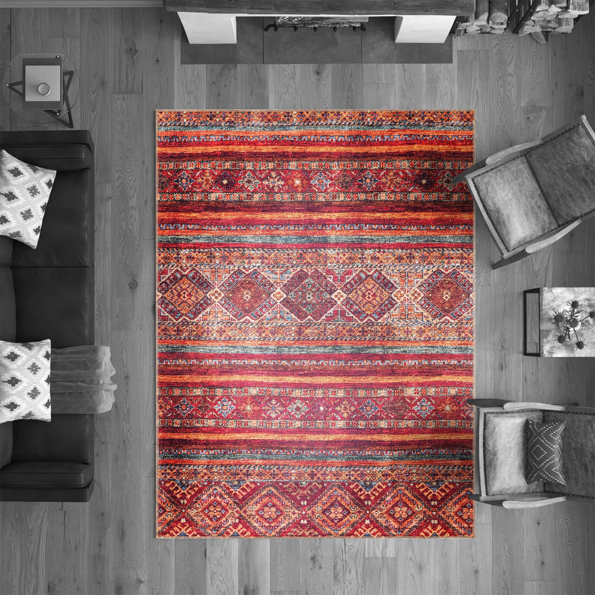 Netline Home Rugs Depot NL1007 – Machine Washable Tribal Diamond Rug | Multicolor Striped Kilim-Inspired Carpet for Living Room, Bedroom & Dining