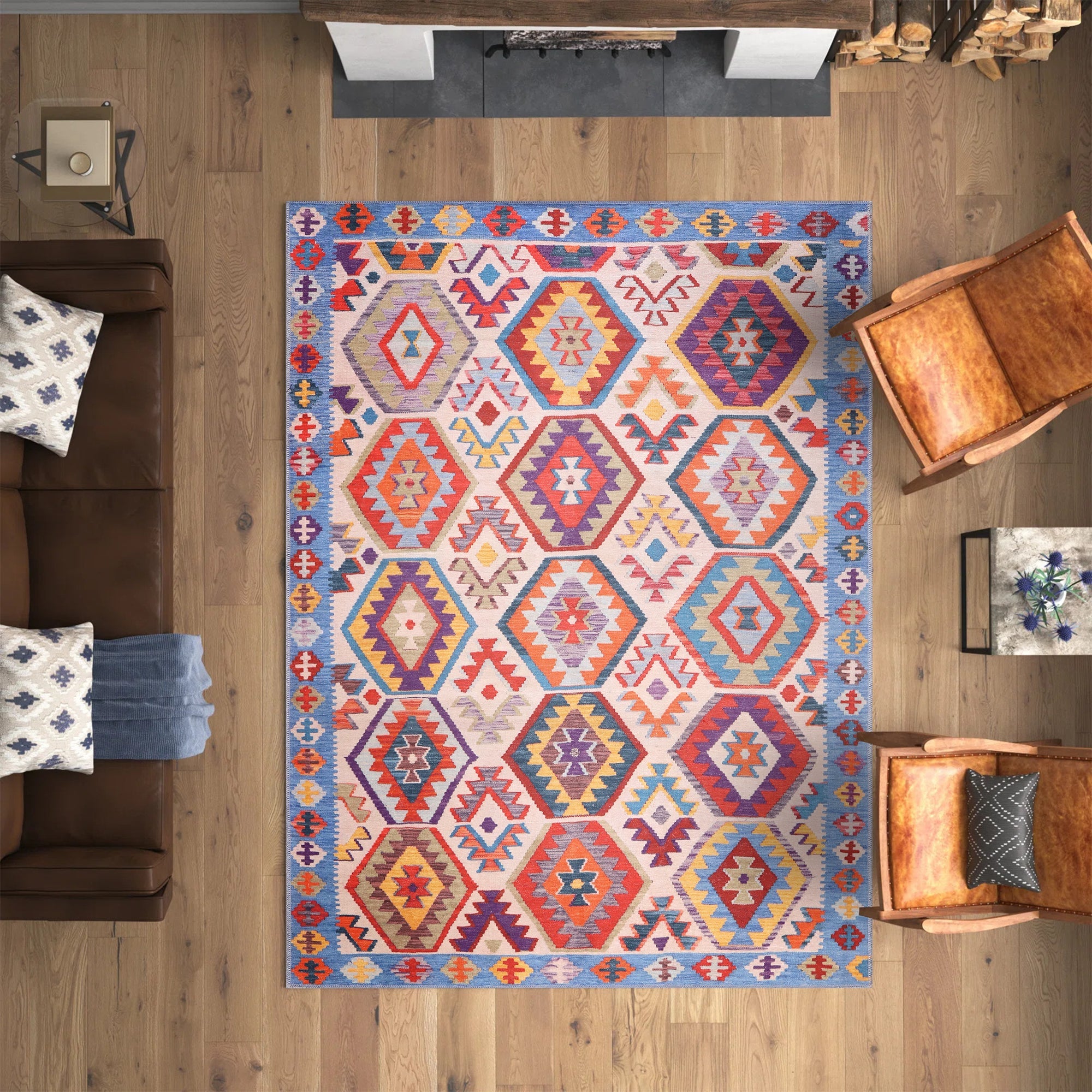 Washable Area Rugs for Living Room LOOMX 1315 Design Turkish Kilim Multicolor