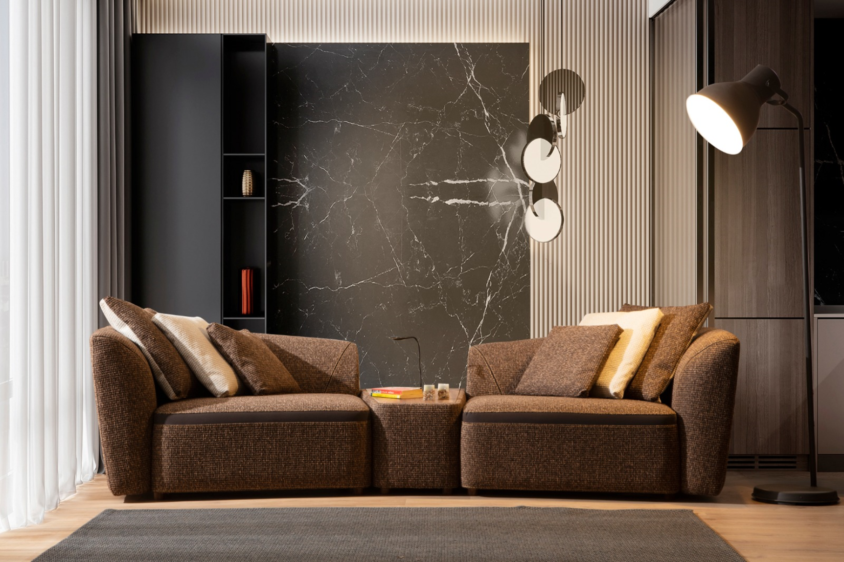 Modern Aoria sofa set by Netline Home Interior in a stylish living room, featuring plush cushions and a sleek design.