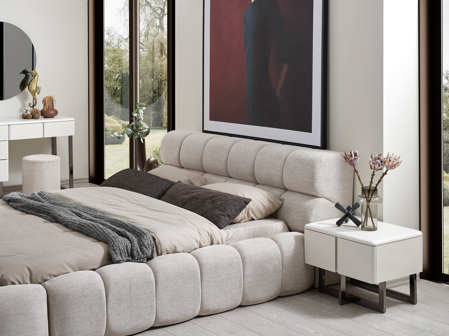 Dallas Premium Bedroom Set sofa by Netline Home Interior, featuring a stylish bedstead with matching comodin in a modern bedroom.