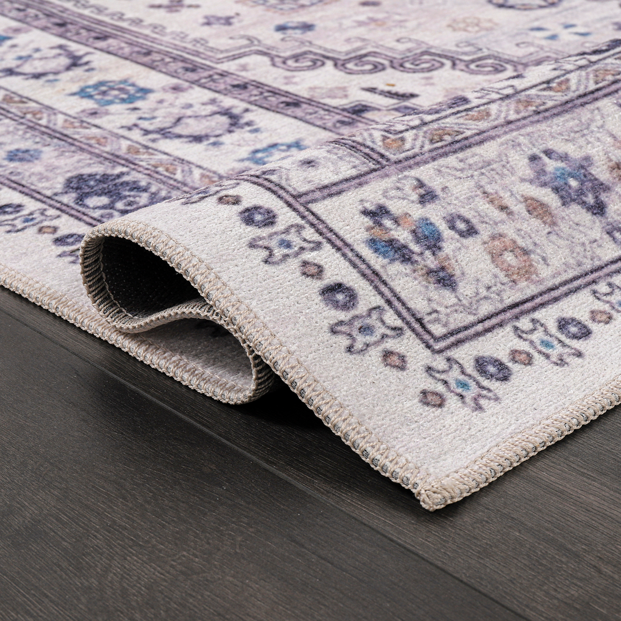 Beige floral washable rug by Netline Home, modern non-slip machine-washable rug for living room decor.