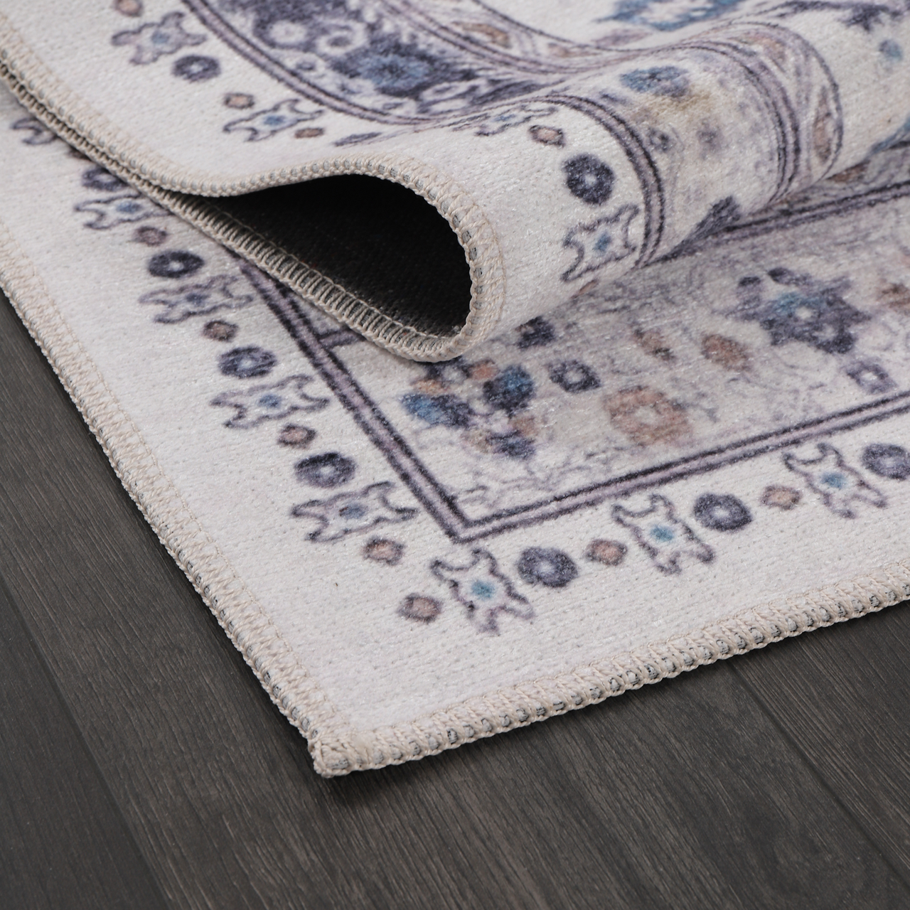 Beige floral washable rug by Netline Home with non-slip backing, suitable for modern living rooms, machine washable and durable.