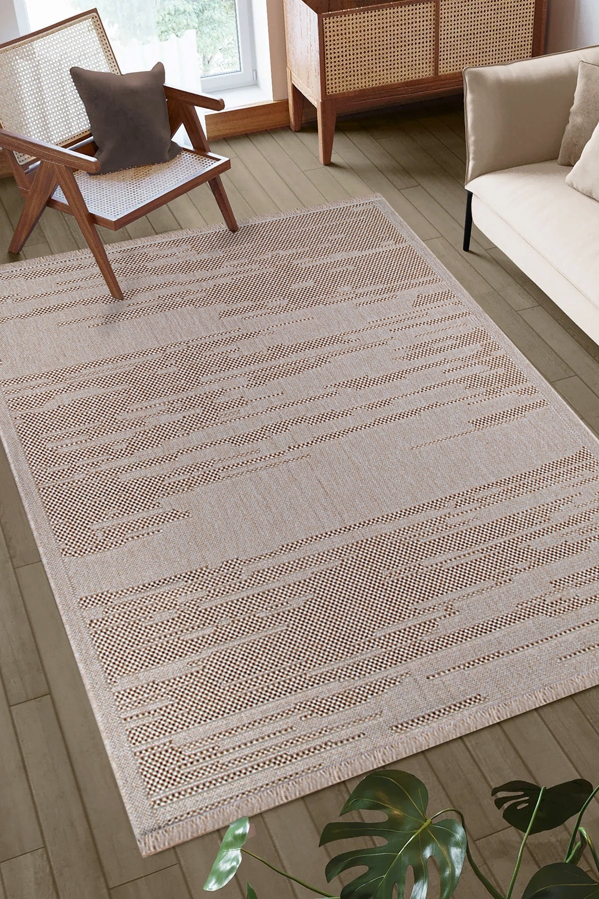 Beige Kilim flatweave rug from Netline Home, showcasing textured synthetic washable area rug with traditional pattern.