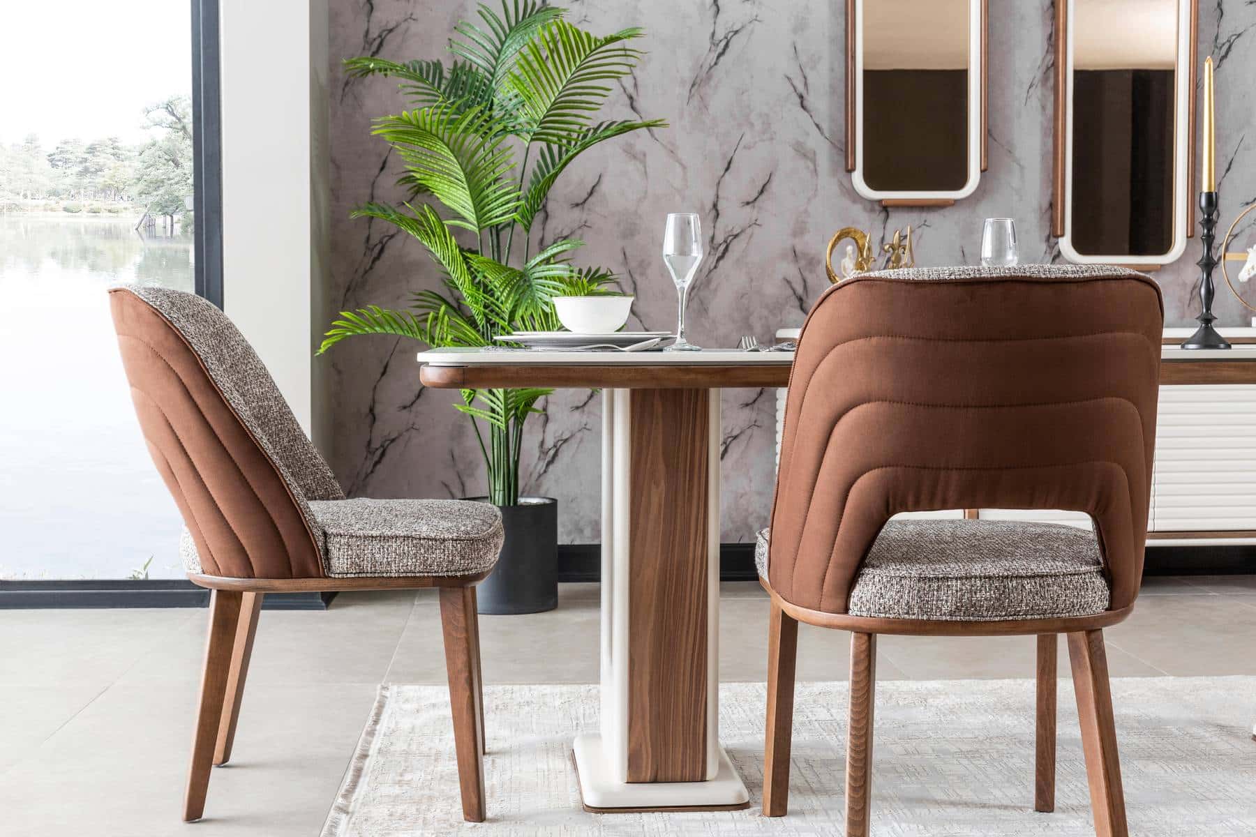 Modern Bentley dining room set by Netline Home Interior with a wooden table and matching chairs in a stylish dining space.