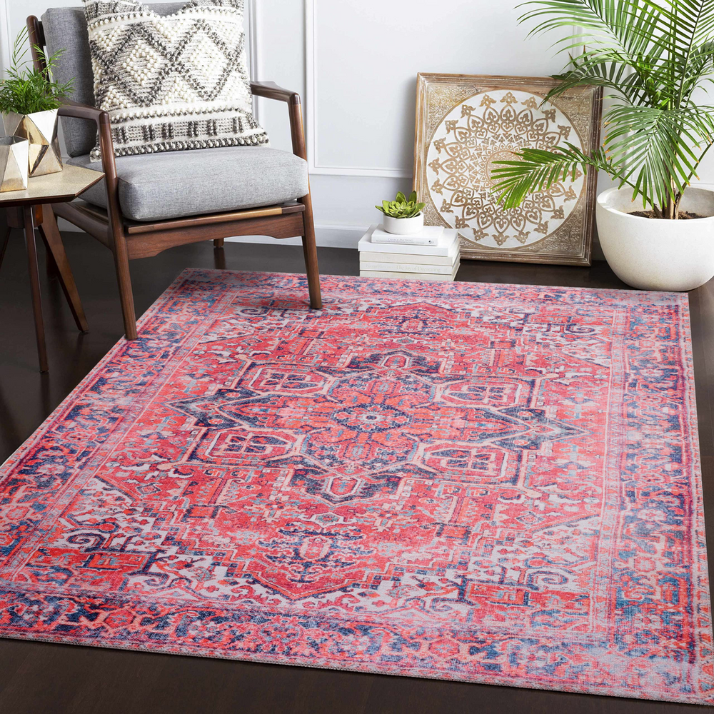 Blue traditional medallion washable rug by Netline Home, non-slip design, ideal for living room decor.
