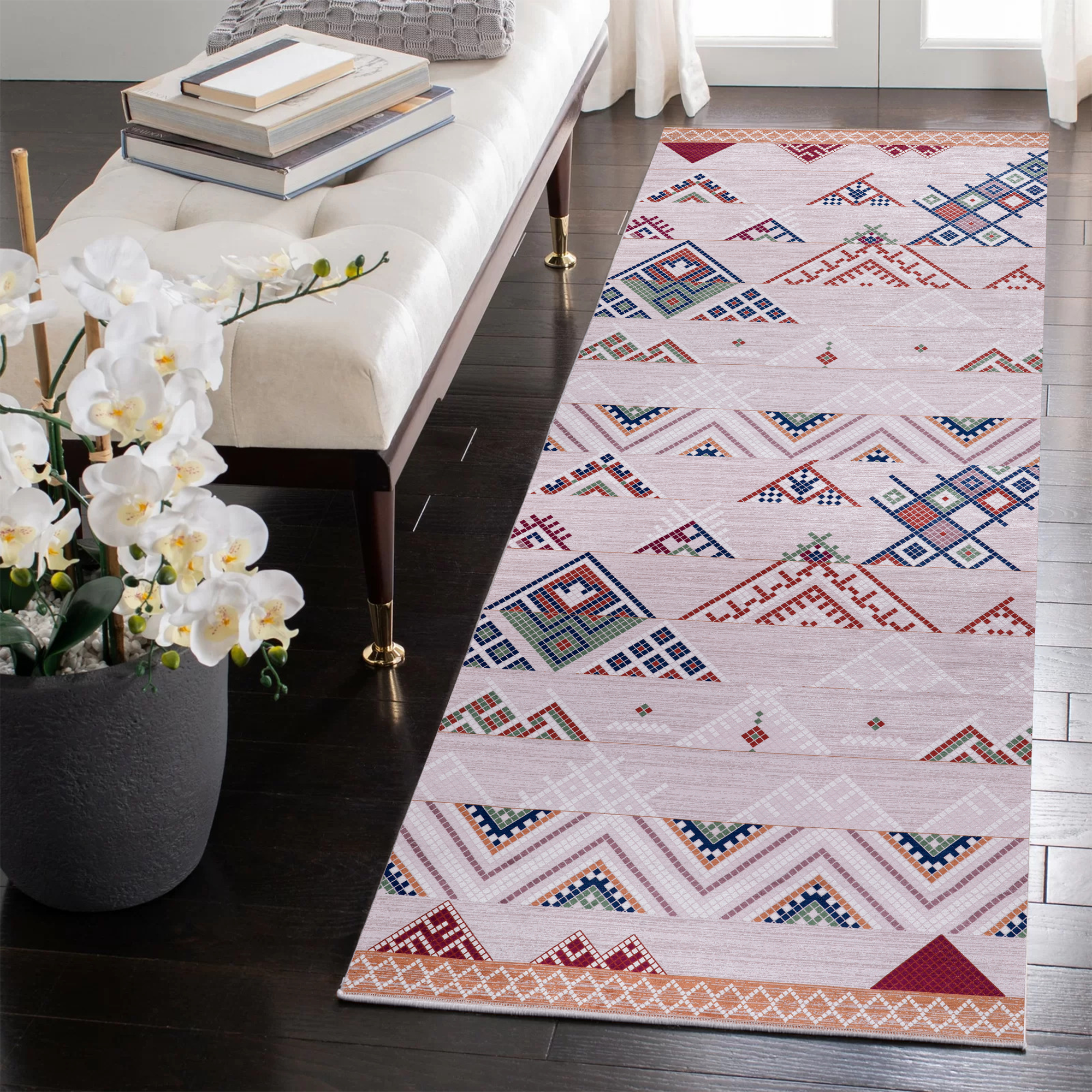 bohemian grey striped washable rug NL1002 non slip living room UK