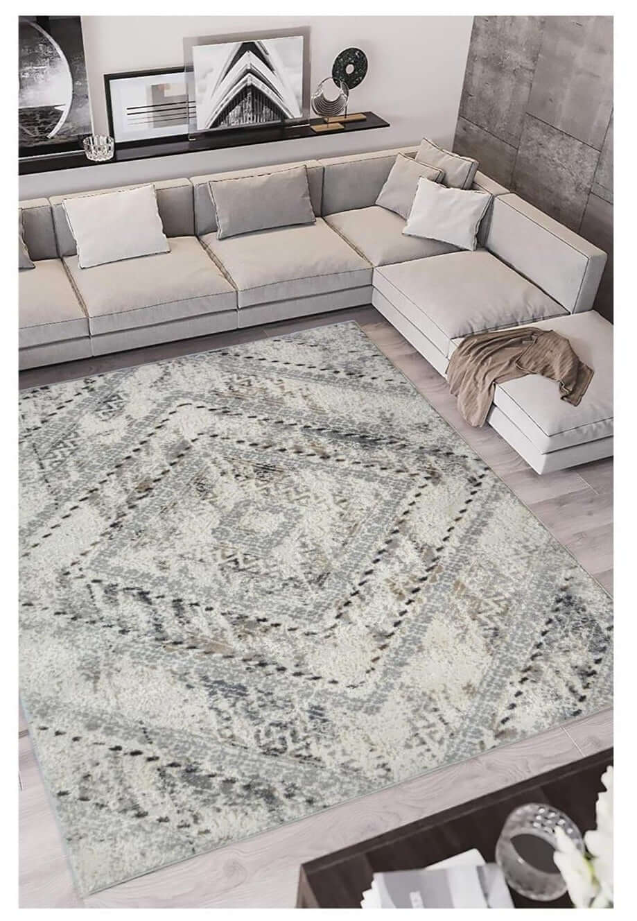 Abstract Vintage Cream & Grey Rug | D176A