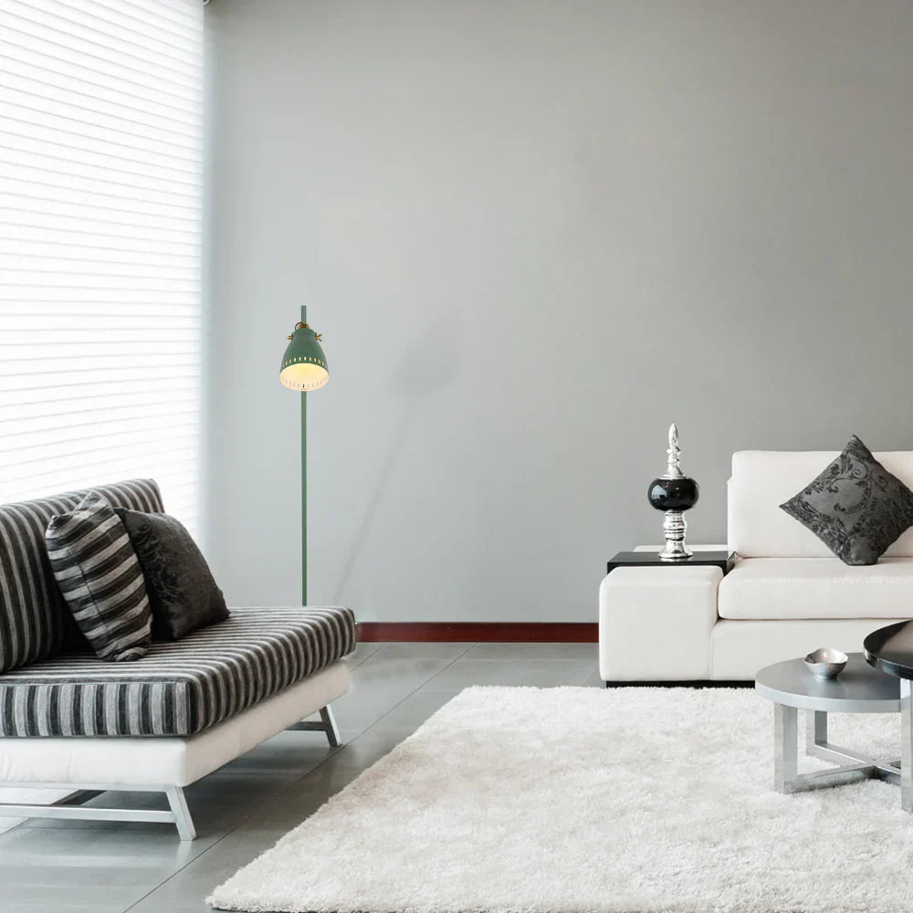 Netline Home Interior cone-shaded floor lamp with gold detailing and decorative shade in versatile colors, standing on a modern floor.