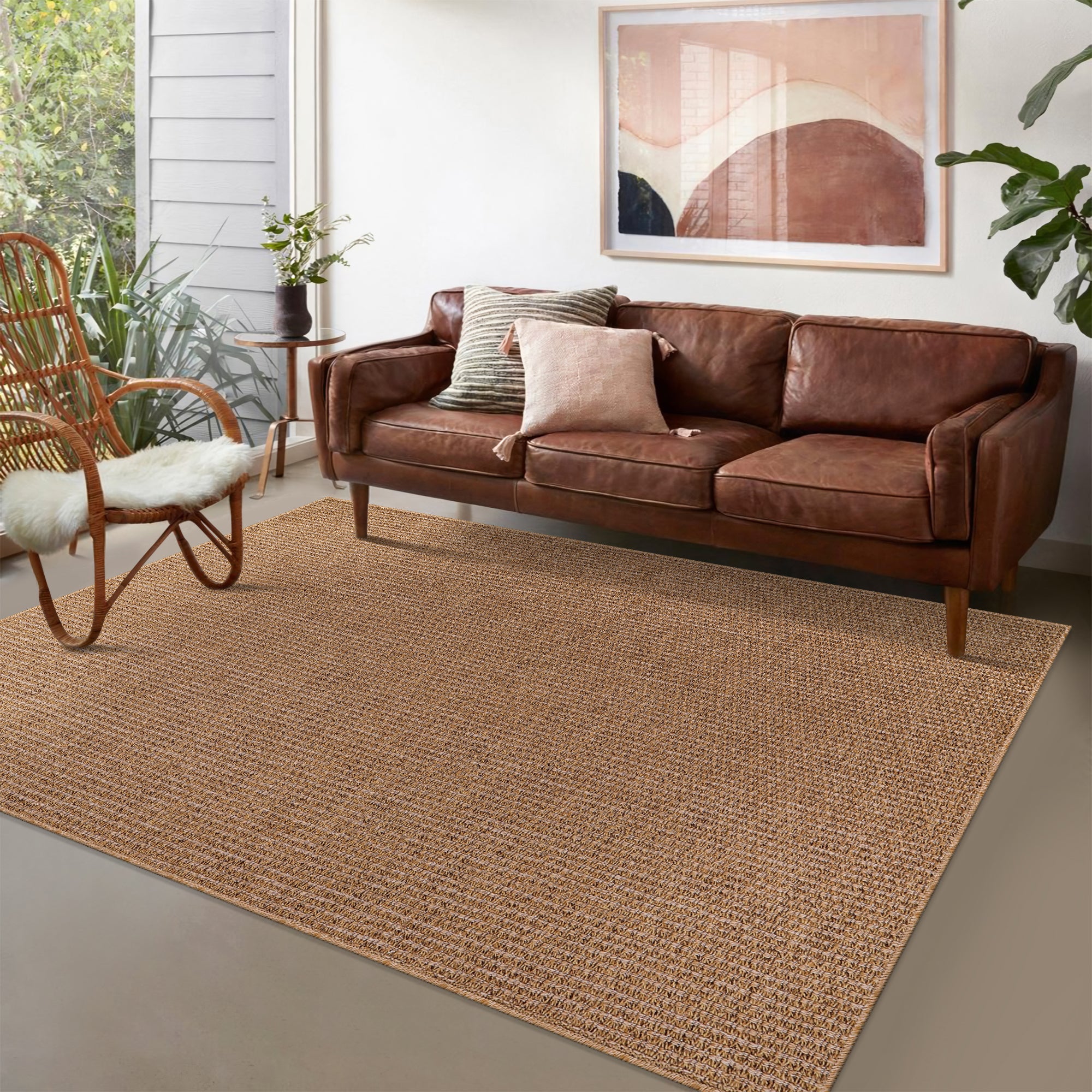 Netline Home Basket Weave Jute-Effect Rug – Outdoor & Indoor Durable Carpet, Non-Slip Backing, Weatherproof, Washable Woven Texture