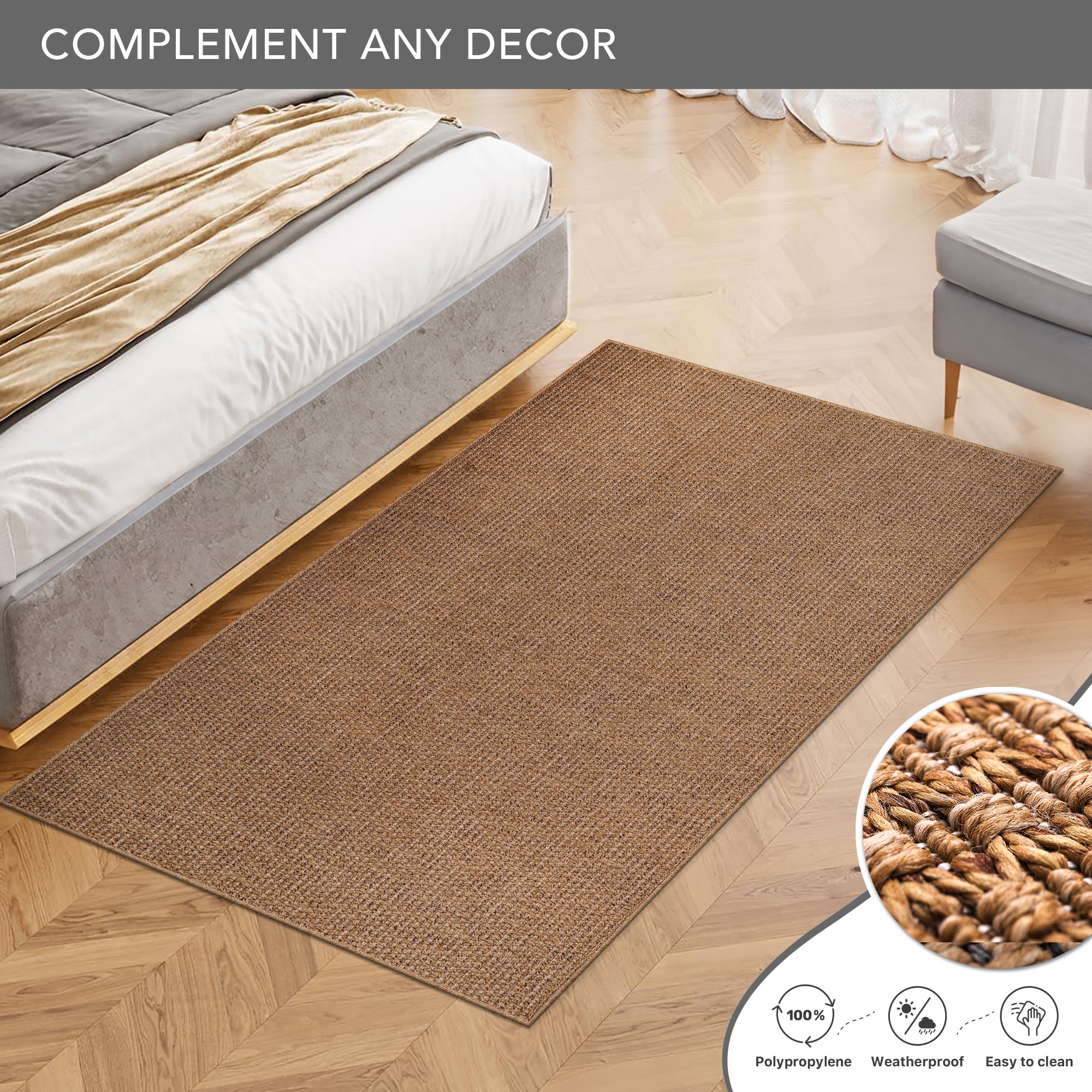 Netline Home Basket Weave Jute-Effect Rug – Outdoor & Indoor Durable Carpet, Non-Slip Backing, Weatherproof, Washable Woven Texture