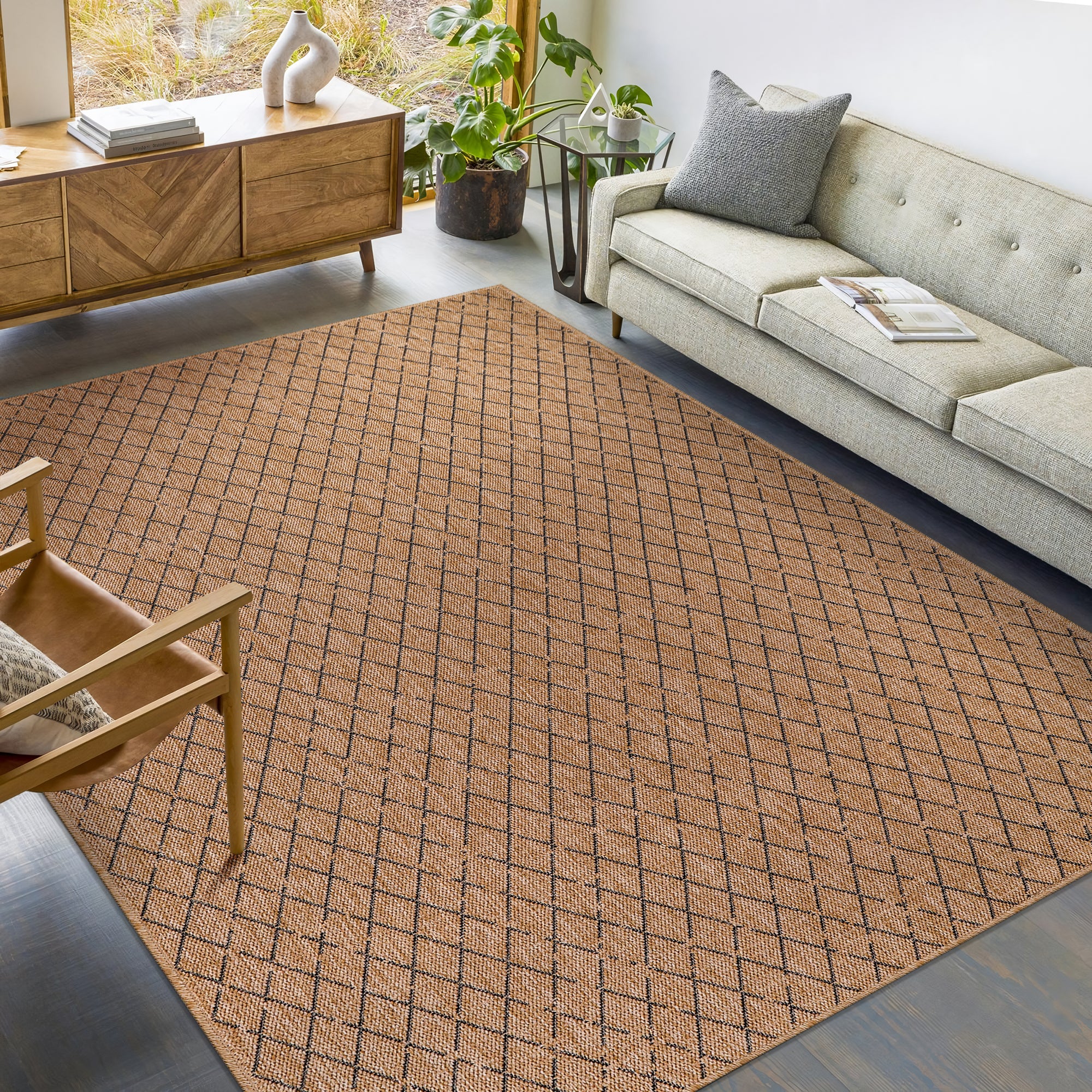 Netline Home Diamond Weave Jute-Effect Rug – Natural Outdoor/Indoor Area Rug with Black Geo Pattern, Non-Slip, Weatherproof, Easy-Clean