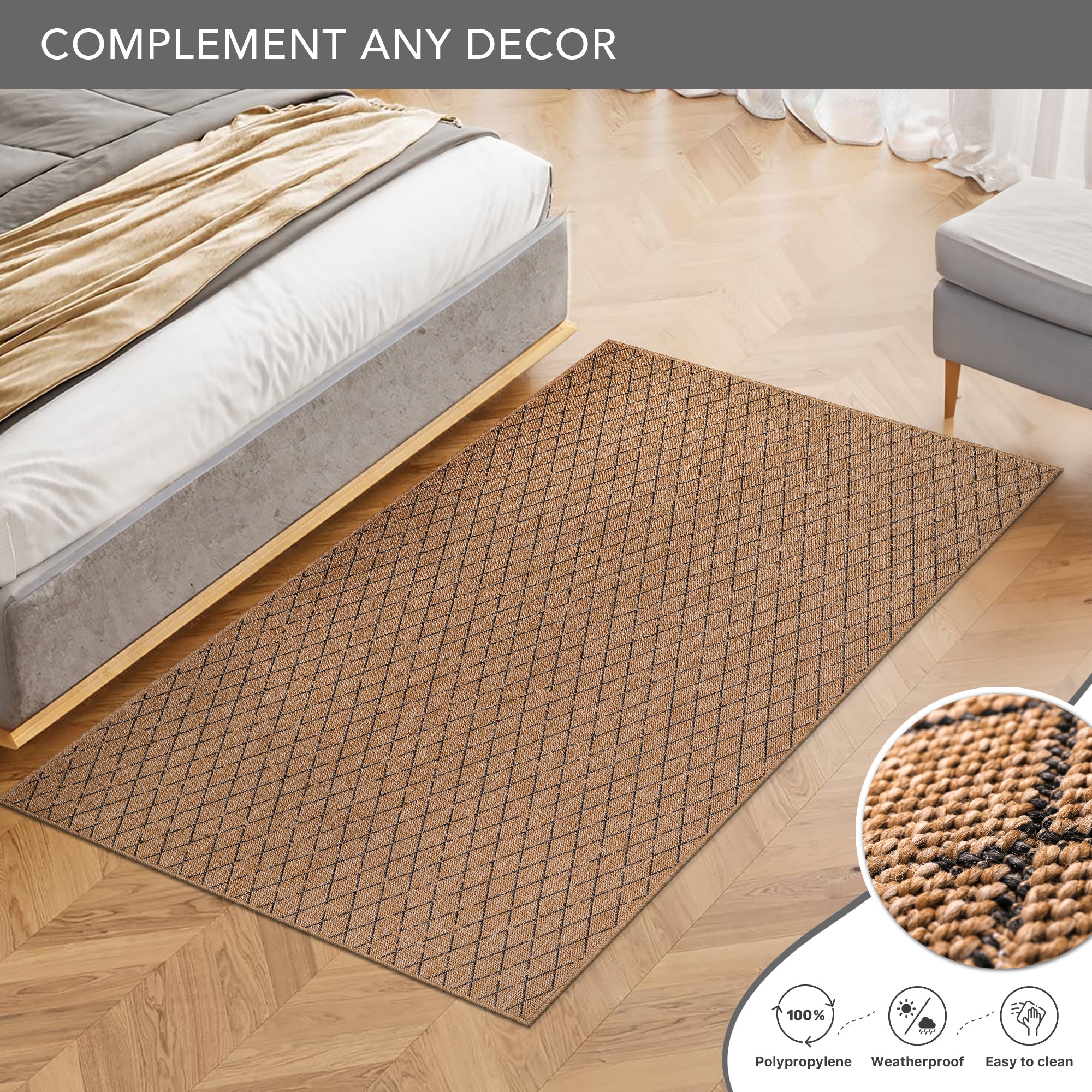 Netline Home Diamond Weave Jute-Effect Rug – Natural Outdoor/Indoor Area Rug with Black Geo Pattern, Non-Slip, Weatherproof, Easy-Clean