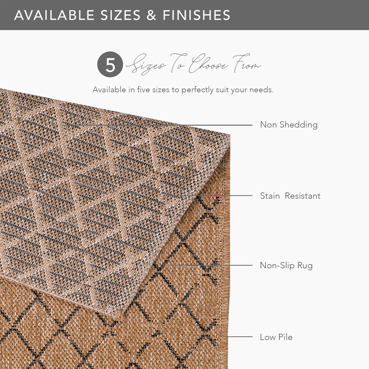 Close-up of Netline Home Diamond Weave Jute-Effect Rug with black geometric pattern, weatherproof, non-slip, washable outdoor/indoor rug.