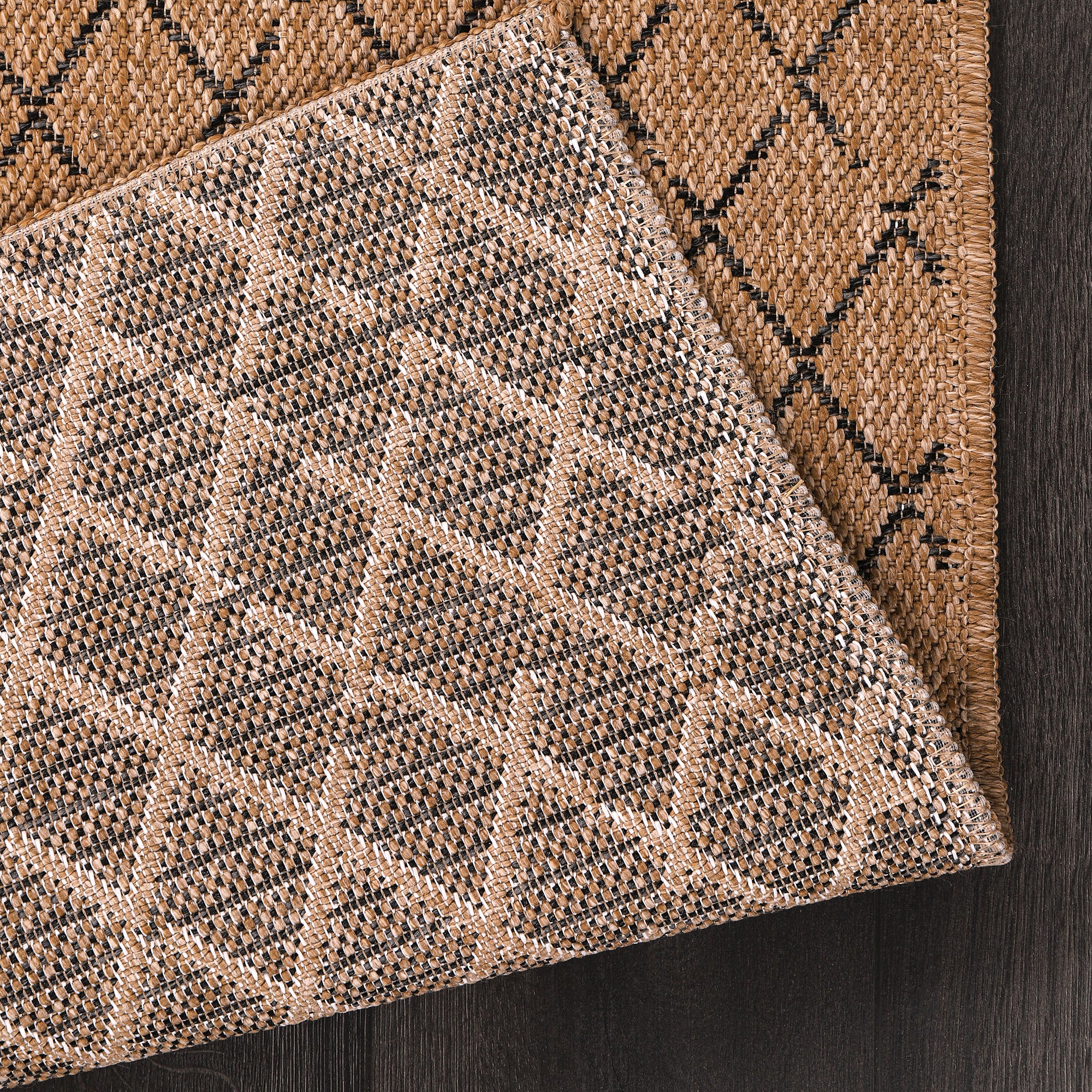 Netline Home Diamond Weave Jute-Effect Rug – Natural Outdoor/Indoor Area Rug with Black Geo Pattern, Non-Slip, Weatherproof, Easy-Clean