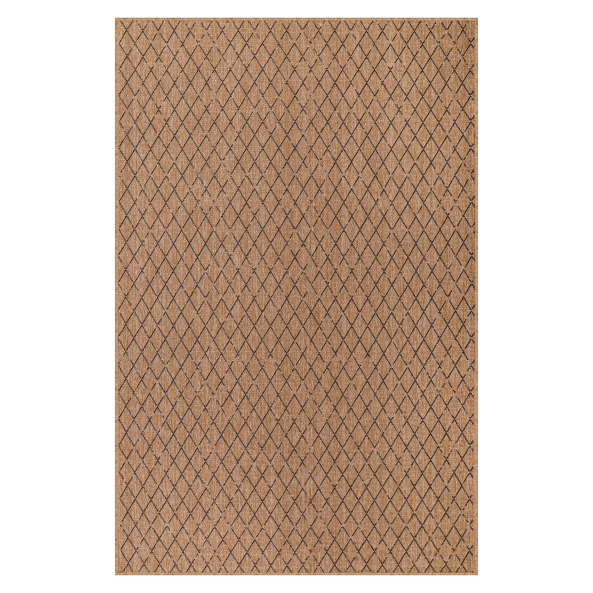 Netline Home Diamond Weave Jute-Effect Rug – Natural Outdoor/Indoor Area Rug with Black Geo Pattern, Non-Slip, Weatherproof, Easy-Clean