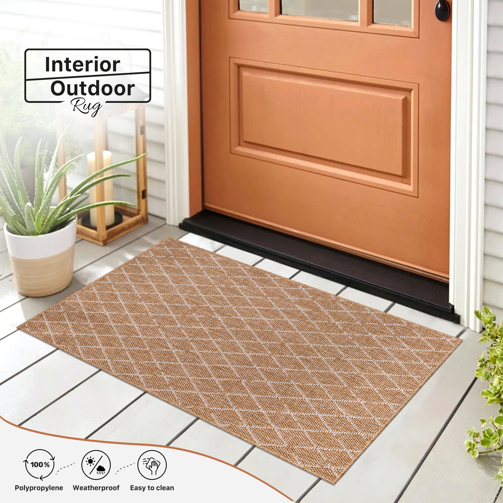 Netline Home White Diamond Jute-Effect Rug – Natural Indoor Outdoor Rug with Cream Trellis Pattern, Washable, Non-Slip, Low-Pile