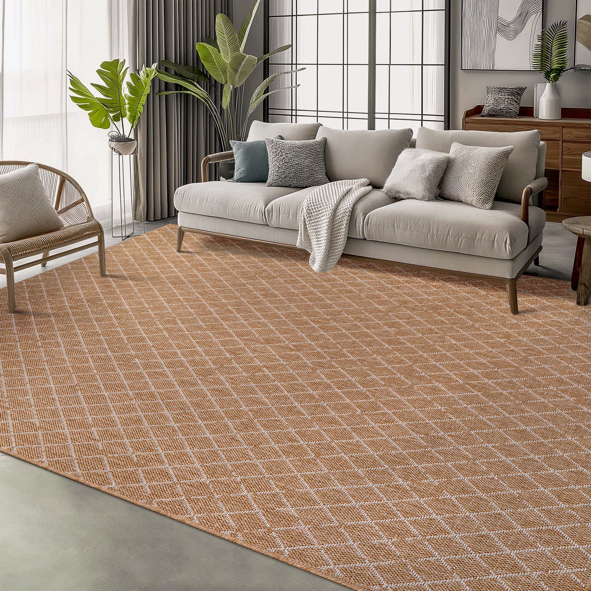 Netline Home White Diamond Jute-Effect Rug – Natural Indoor Outdoor Rug with Cream Trellis Pattern, Washable, Non-Slip, Low-Pile