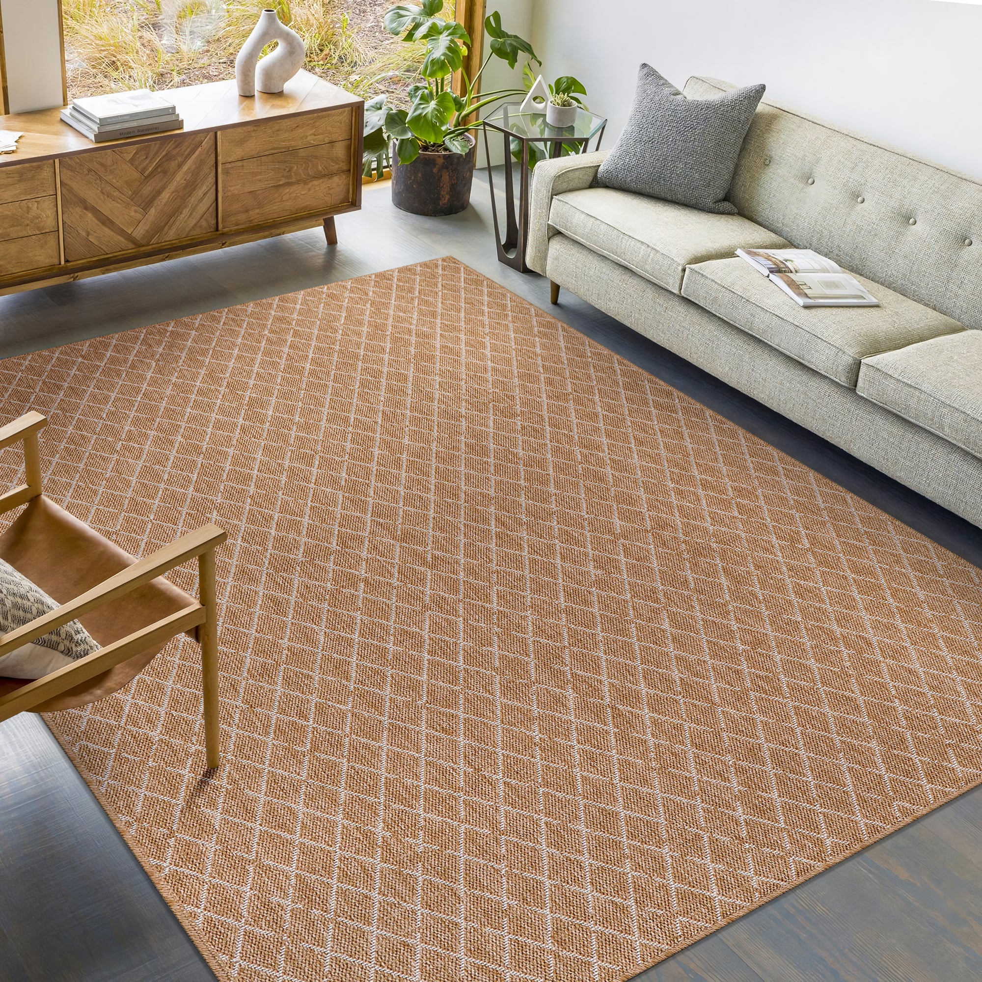 Netline Home White Diamond Jute-Effect Rug – Natural Indoor Outdoor Rug with Cream Trellis Pattern, Washable, Non-Slip, Low-Pile