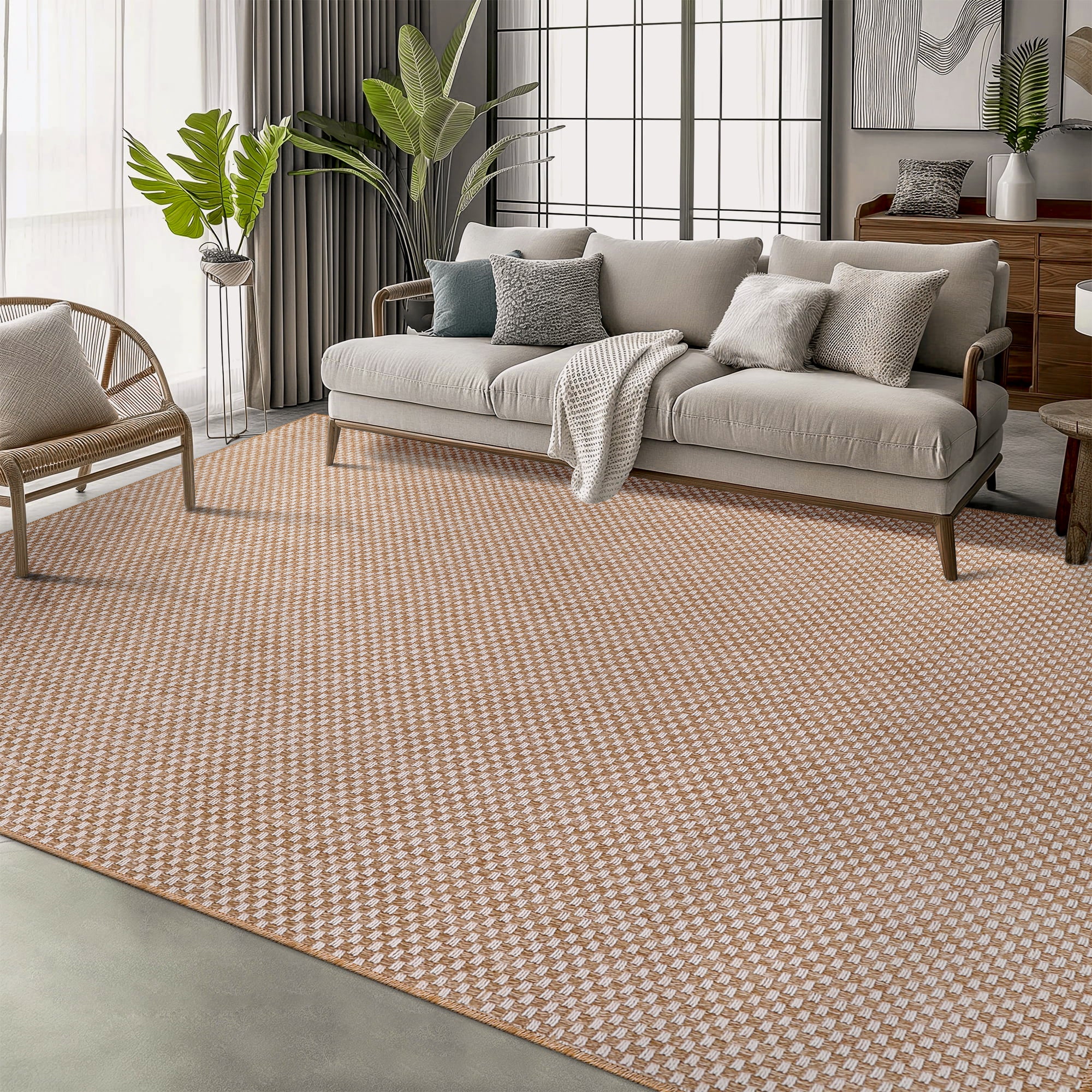 Netline Home Cream Check Jute-Effect Rug – Checkered Natural Woven Look Carpet, Indoor Outdoor, Non-Slip, Weatherproof, Easy-Clean