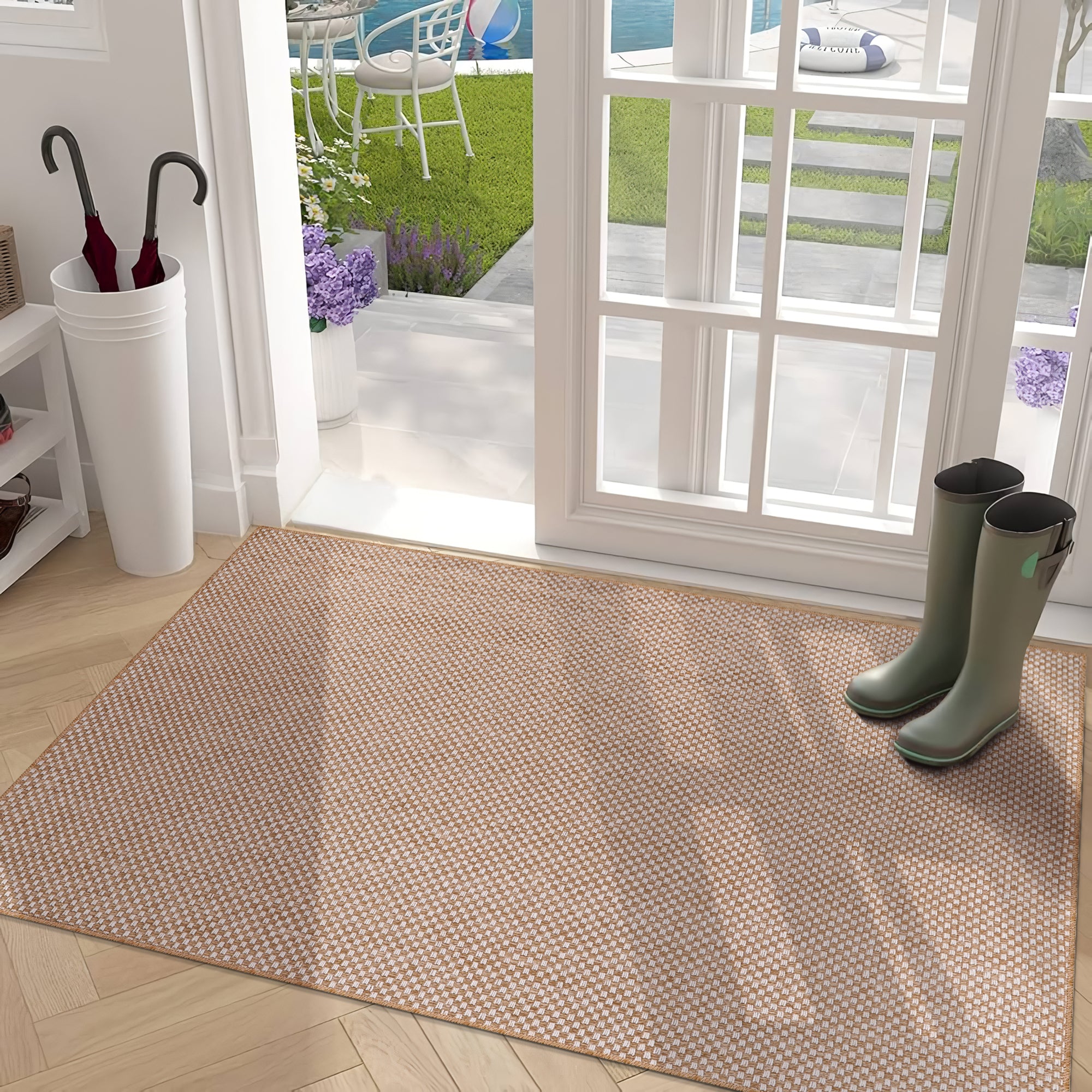 Netline Home Cream Check Jute-Effect Rug – Checkered Natural Woven Look Carpet, Indoor Outdoor, Non-Slip, Weatherproof, Easy-Clean