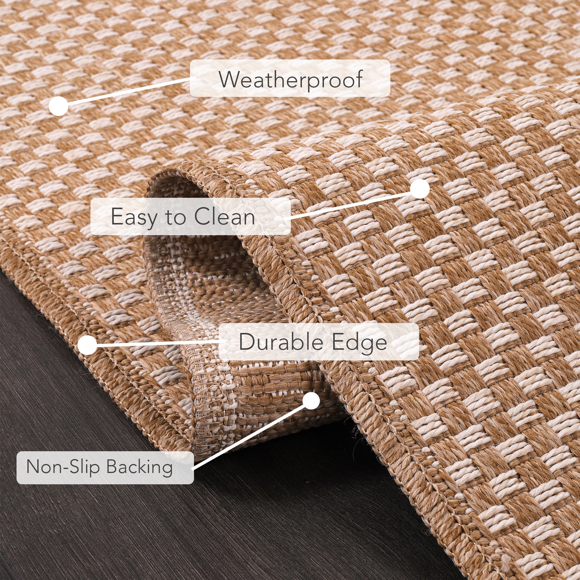 Netline Home Cream Check Jute-Effect Rug – Checkered Natural Woven Look Carpet, Indoor Outdoor, Non-Slip, Weatherproof, Easy-Clean