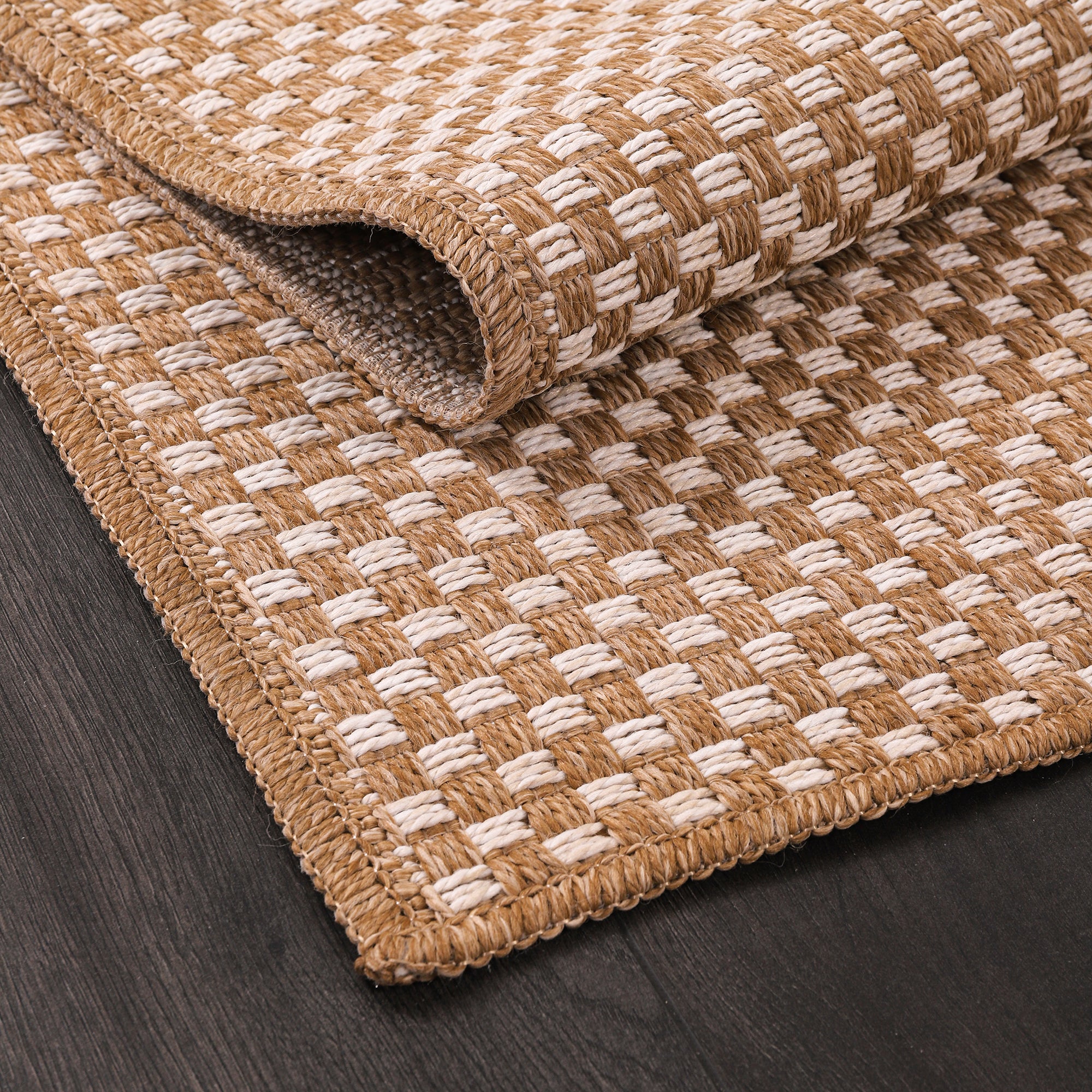 Netline Home Cream Check Jute-Effect Rug – Checkered Natural Woven Look Carpet, Indoor Outdoor, Non-Slip, Weatherproof, Easy-Clean