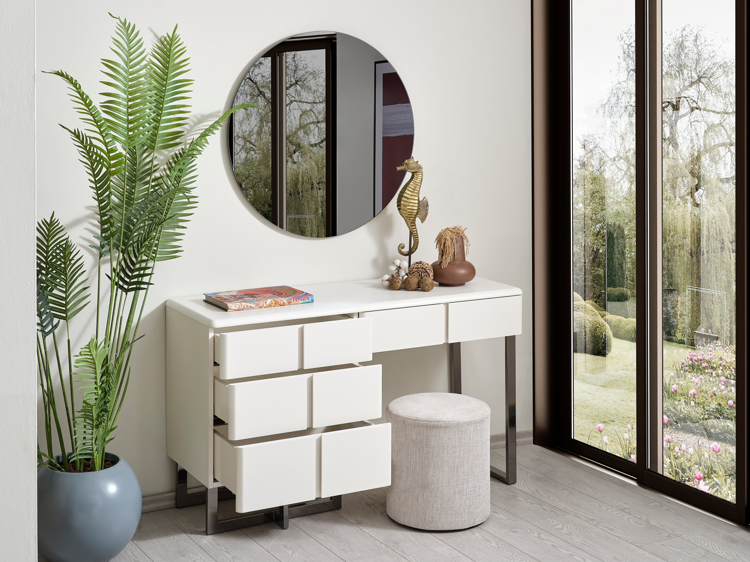 Dallas Premium Bedroom Set sofa by Netline Home Interior, showcasing a stylish dresser and side table in a modern bedroom.