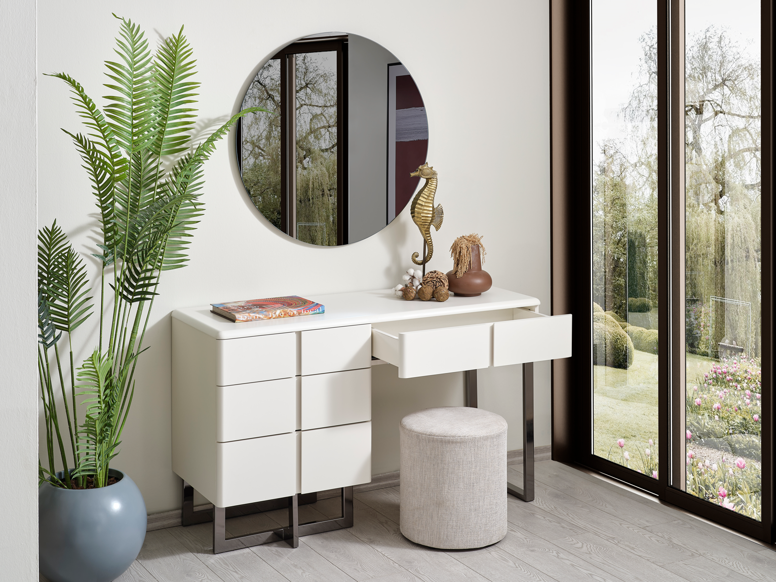 Netline Home Interior Dallas Premium Bedroom Set sofa with dresser and nightstand, showcasing elegant bedroom furniture and storage.