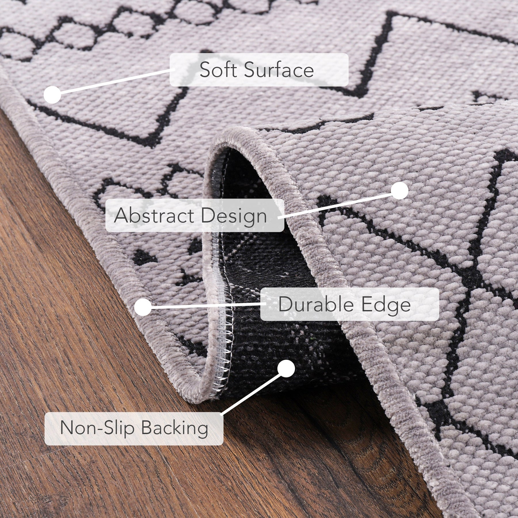 Close-up of a gray, soft chenille washable rug from Netline Home, showing its plush texture and machine washable fabric.