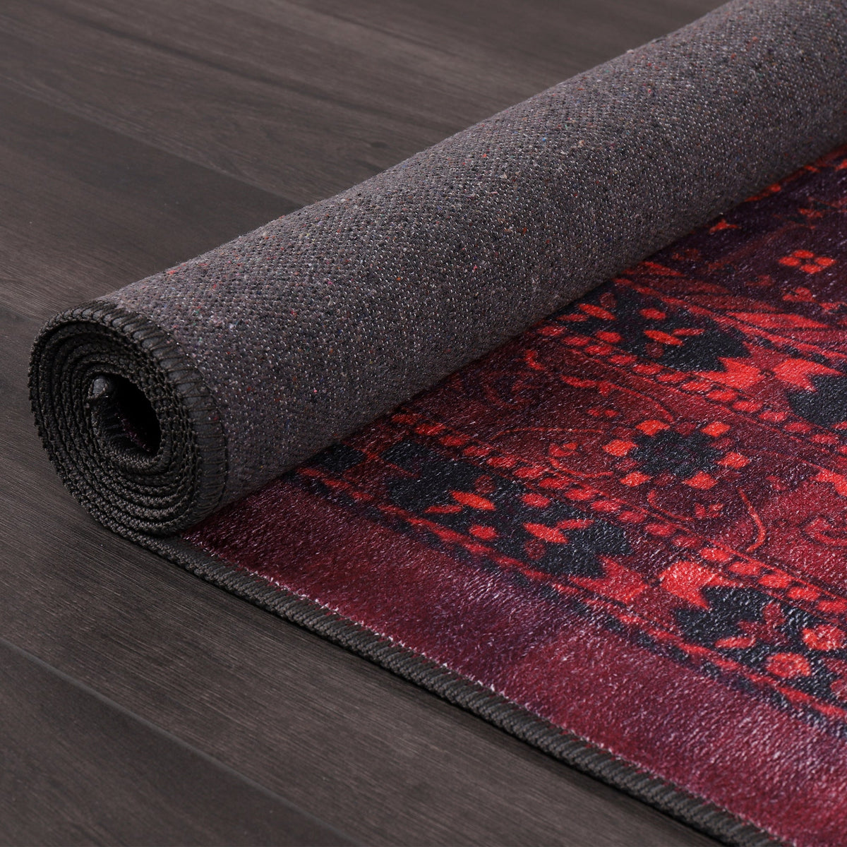 Machine washable red tribal medallion rug by Netline Home, featuring oriental geometric design for living room, bedroom, or office.
