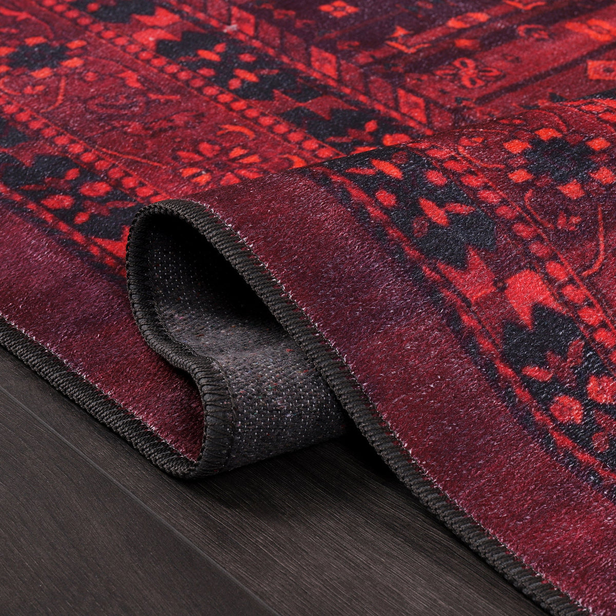 Red tribal medallion washable rug by Netline Home featuring oriental geometric patterns, ideal for living room, bedroom, or office.