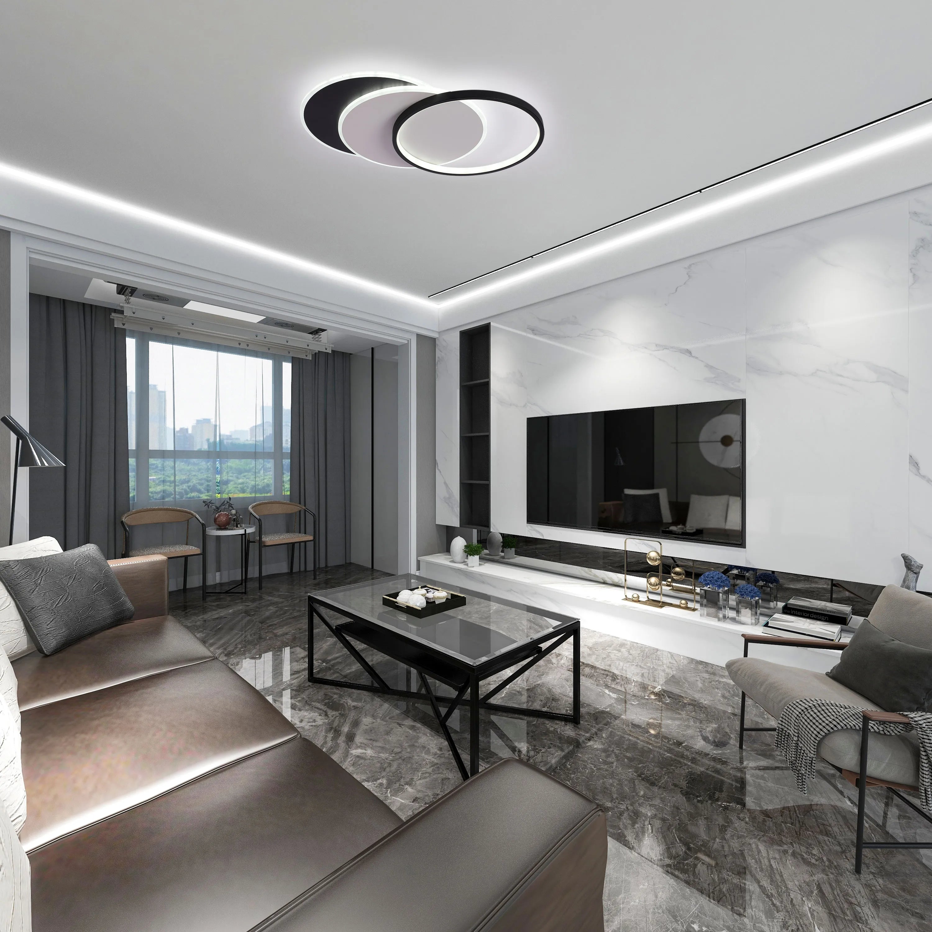 Dimmable CCT tunable overlapping tray LED ceiling light with remote control, suitable for bedrooms and living rooms, by Netline Home Interior.