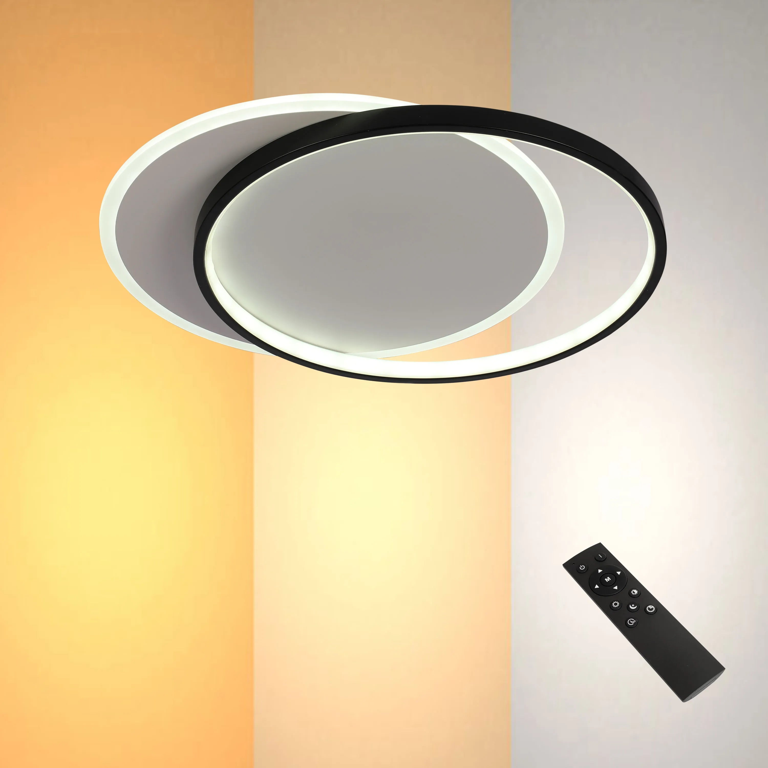 Dual-ring LED ceiling light by Netline Home Interior with CCT tunable, dimmable feature and remote control, flush mount design.