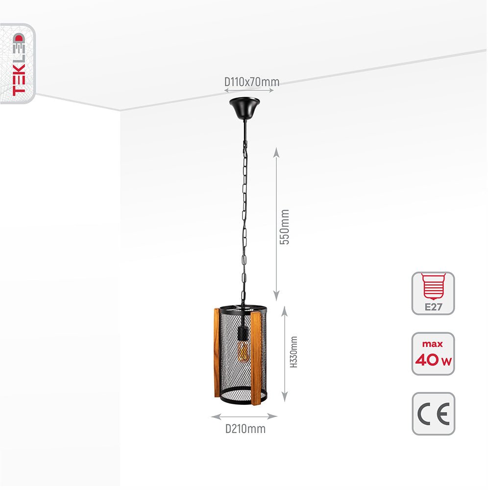 Black metal and wood cylinder pendant light with E27 socket, modern statement lighting by Netline Home Interior.