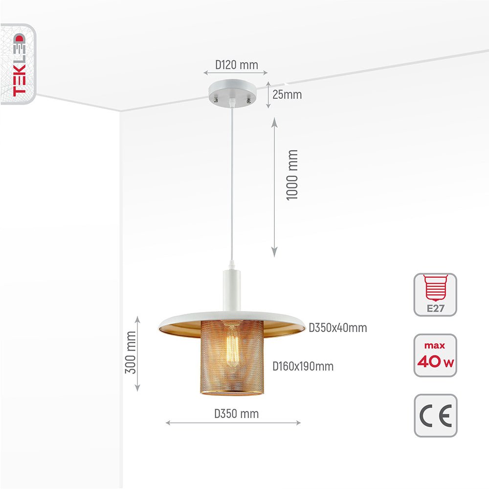 White gold metal caged flat pendant light with E27 socket, modern statement lighting for contemporary interior decor.
