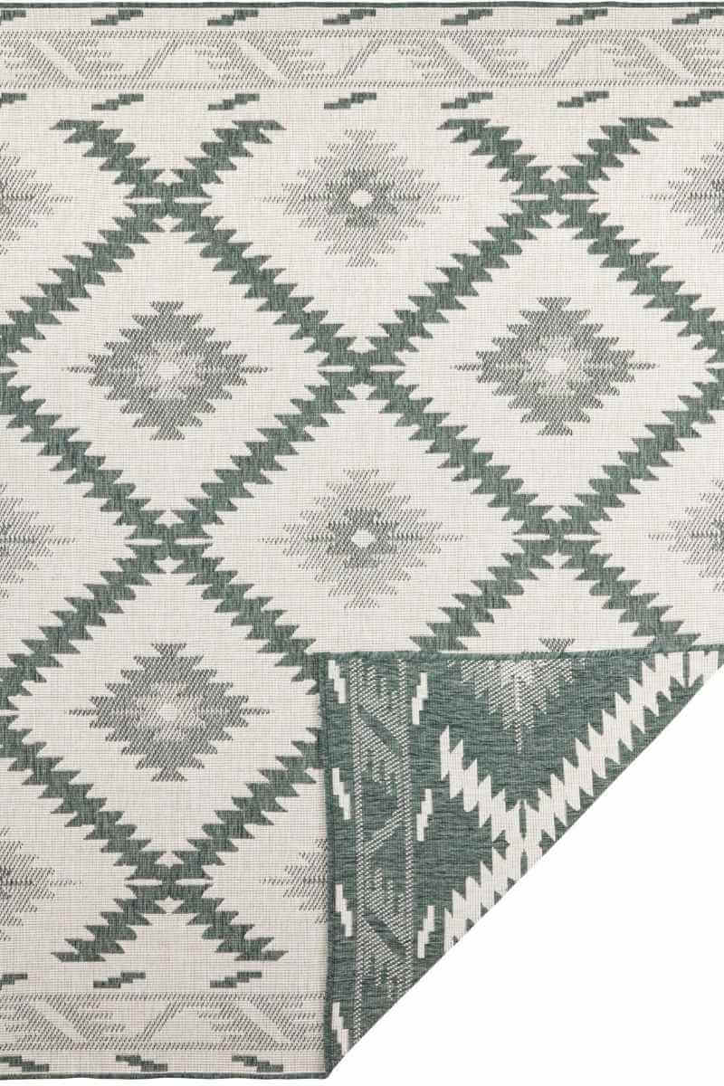 Green Malibu reversible indoor-outdoor runner rug with diamond pattern from The Rugs, showcasing its vibrant geometric design.