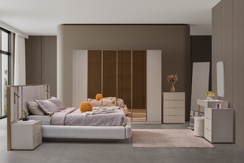 Hermes bedroom set by Netline Home Interior featuring a modern bed frame, bedside tables, and coordinated bedroom furniture.