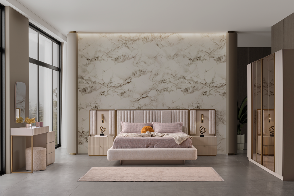 Elegant Hermes bedroom set by Netline Home Interior showing a modern bed frame, matching nightstands, and stylish bedroom decor.