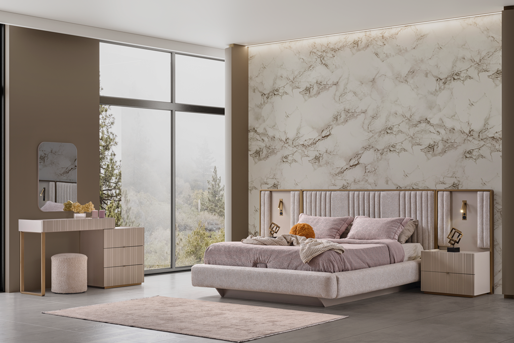 Hermes bedroom set by Netline Home Interior featuring a stylish bed frame, nightstands, and matching bedroom furniture.