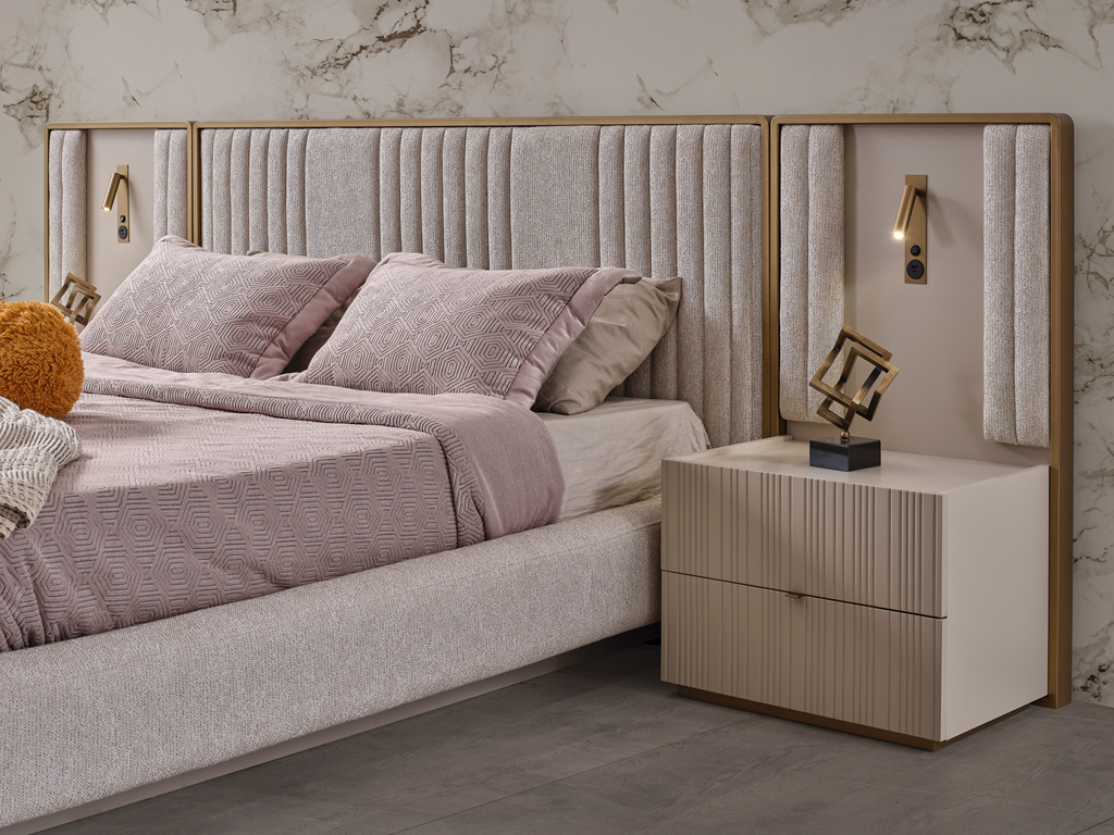 Hermes bedroom set by Netline Home Interior featuring a modern bed frame, matching nightstands, and coordinated bedroom furniture.