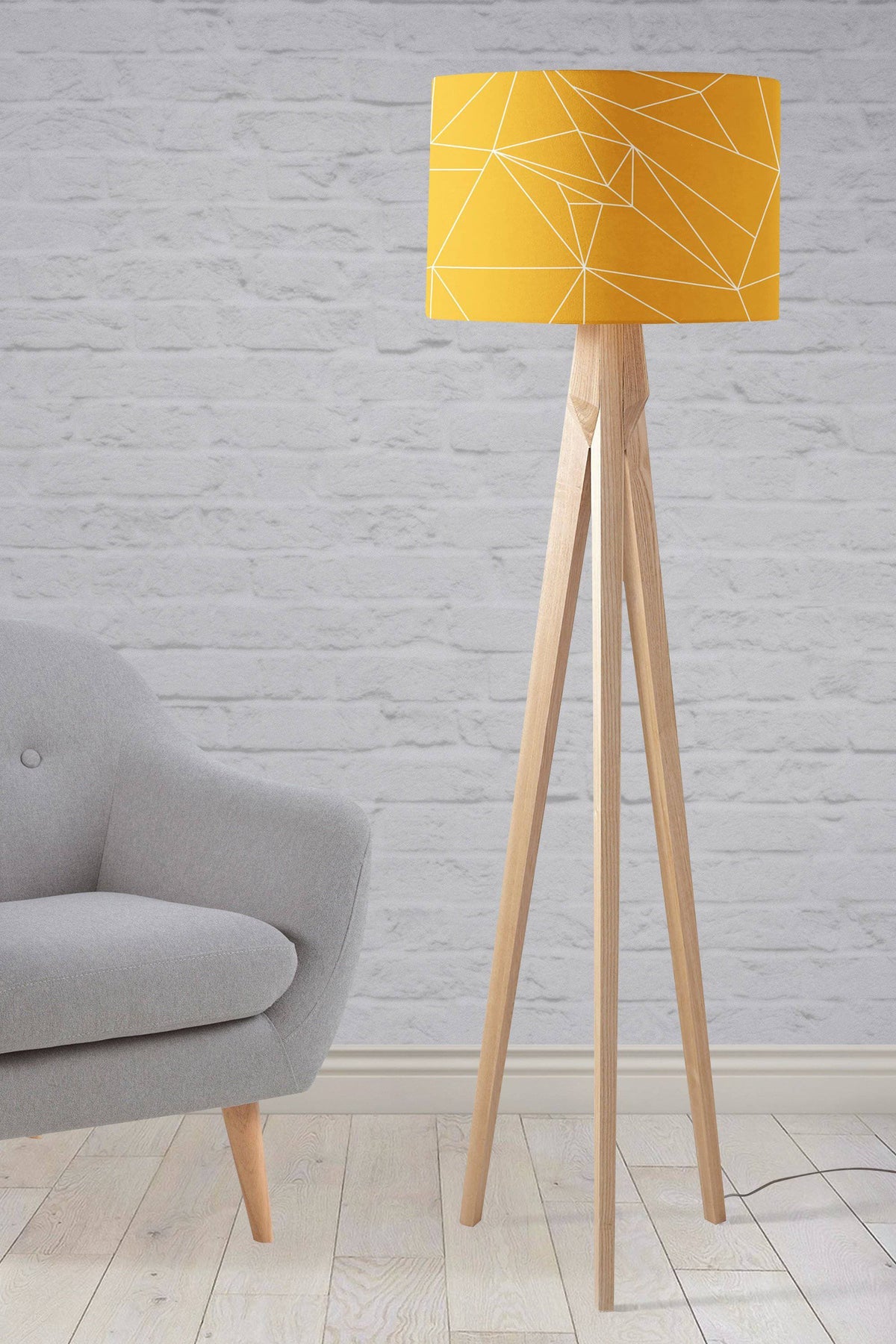 Yellow Lampshade with White Lines Geometric Design – Ceiling & Table Compatible