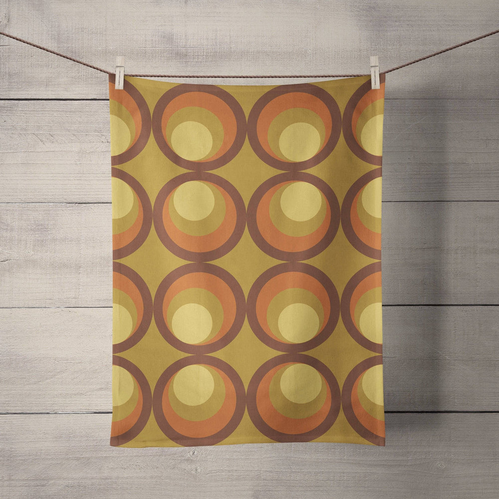 Mustard Yellow Tea Towel with Orange and Brown Retro Design